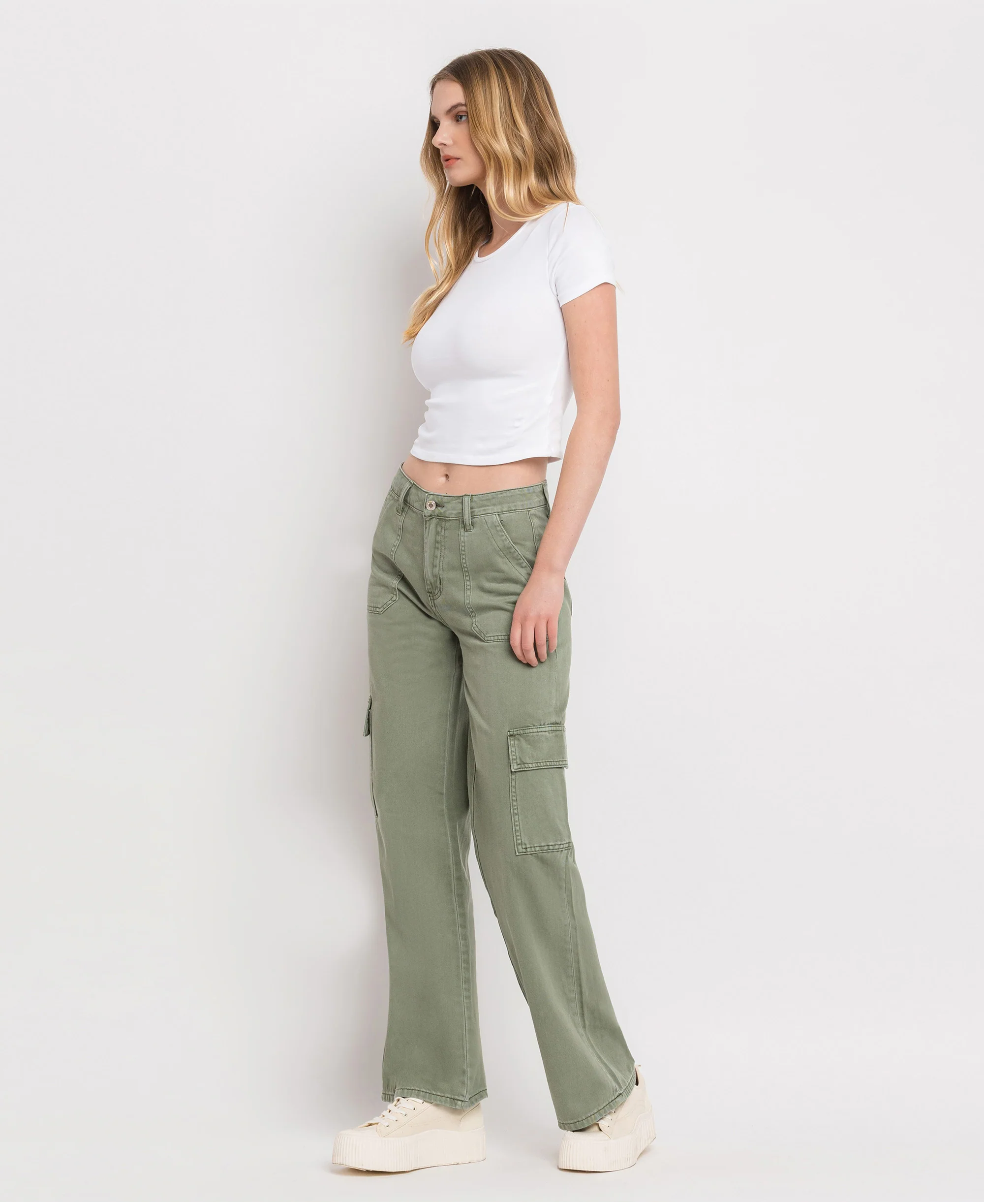 Army Green - High Rise Utility Cargo Wide Leg Jeans - Image 3
