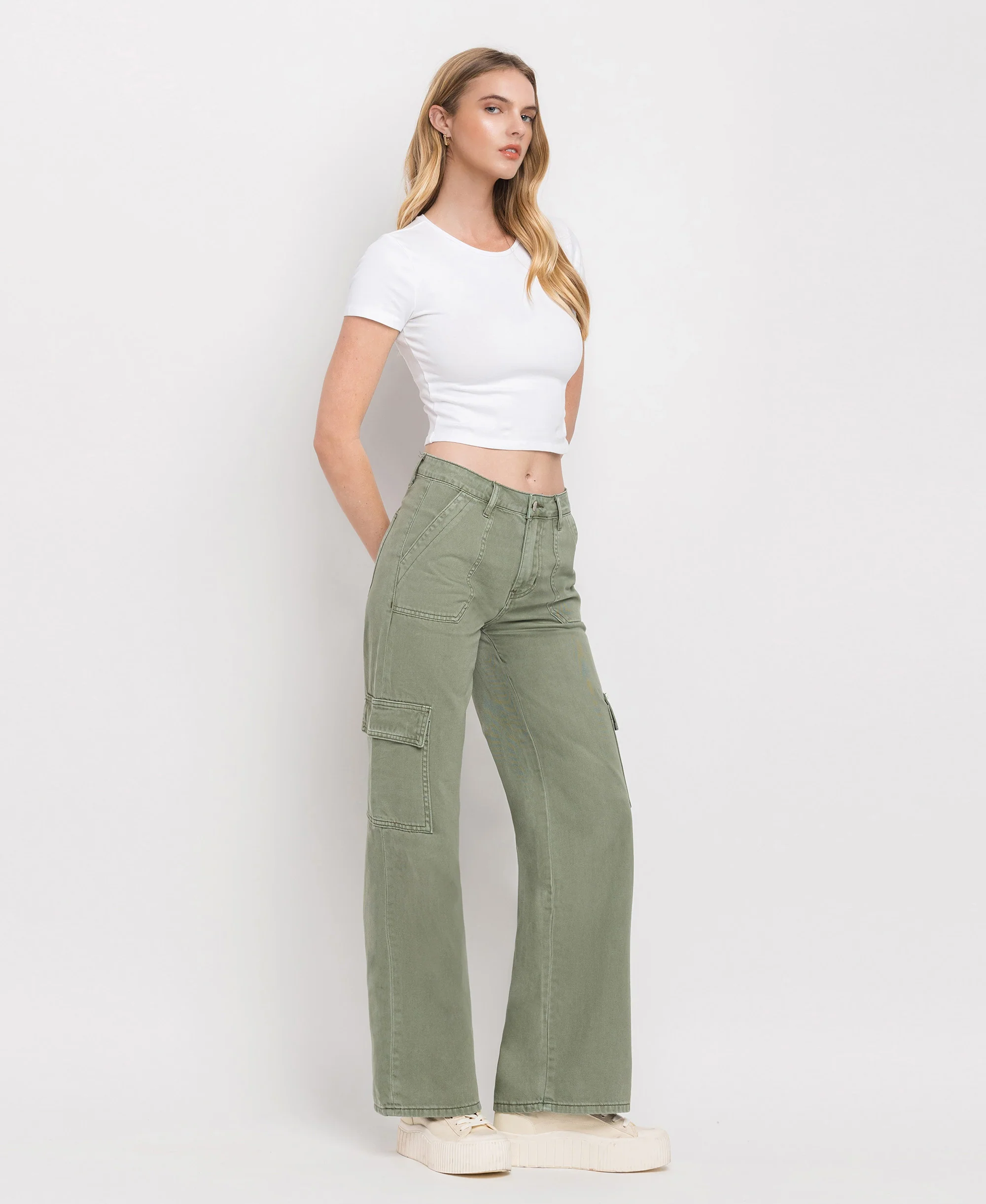 Army Green - High Rise Utility Cargo Wide Leg Jeans - Image 4