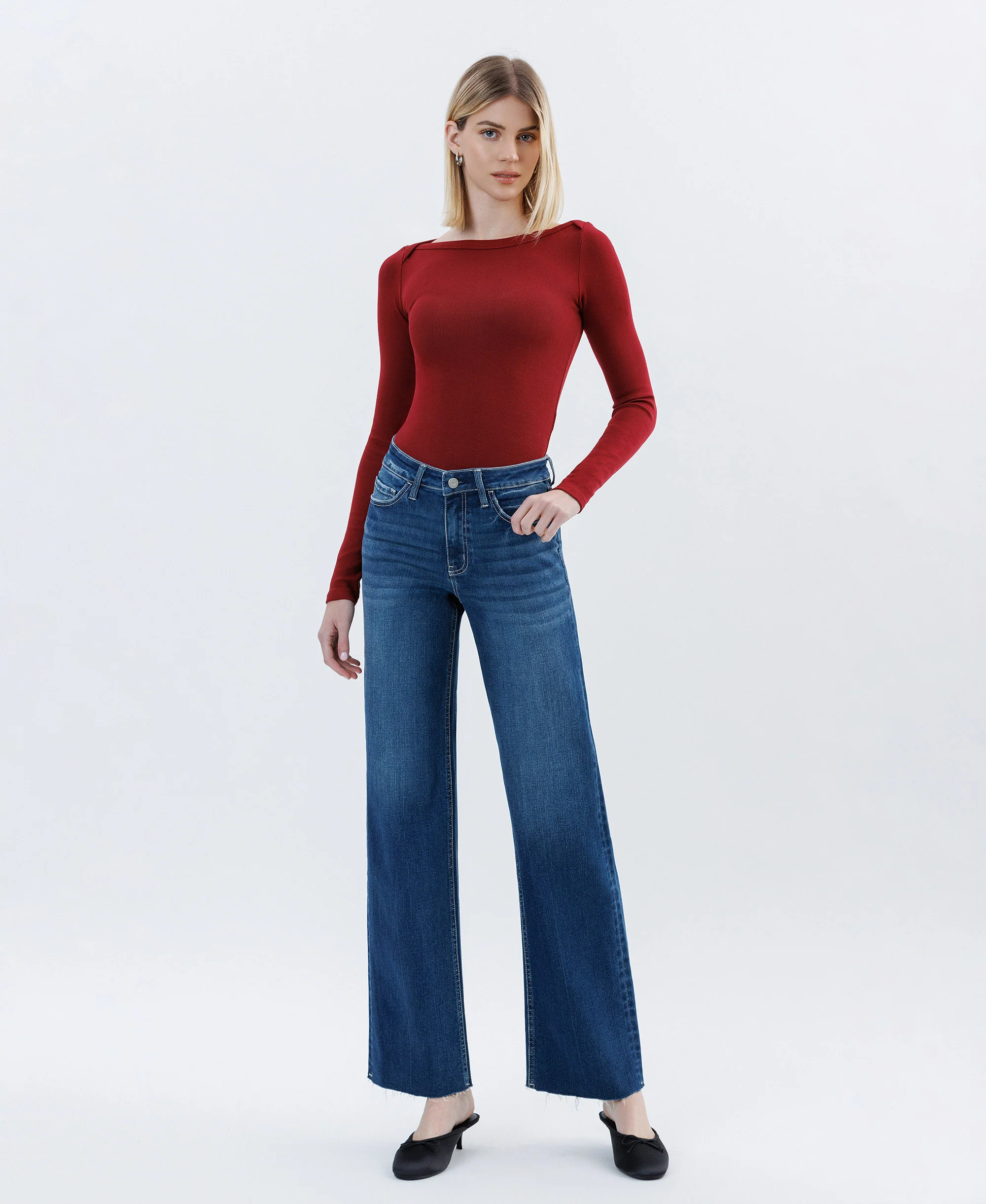 Auburn - High Rise Raw Hem Slim Wide Leg Jeans