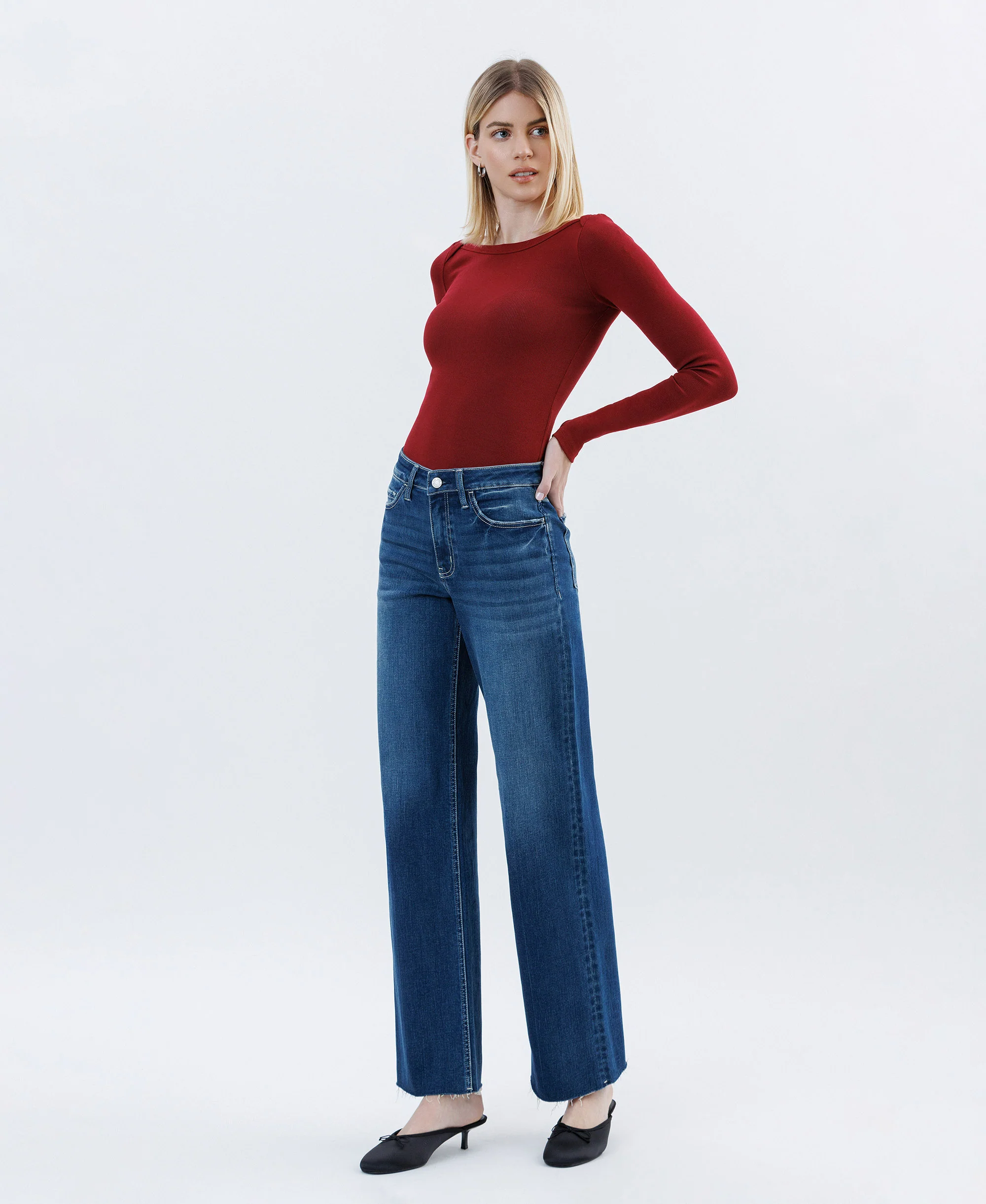 Auburn - High Rise Raw Hem Slim Wide Leg Jeans - Image 3