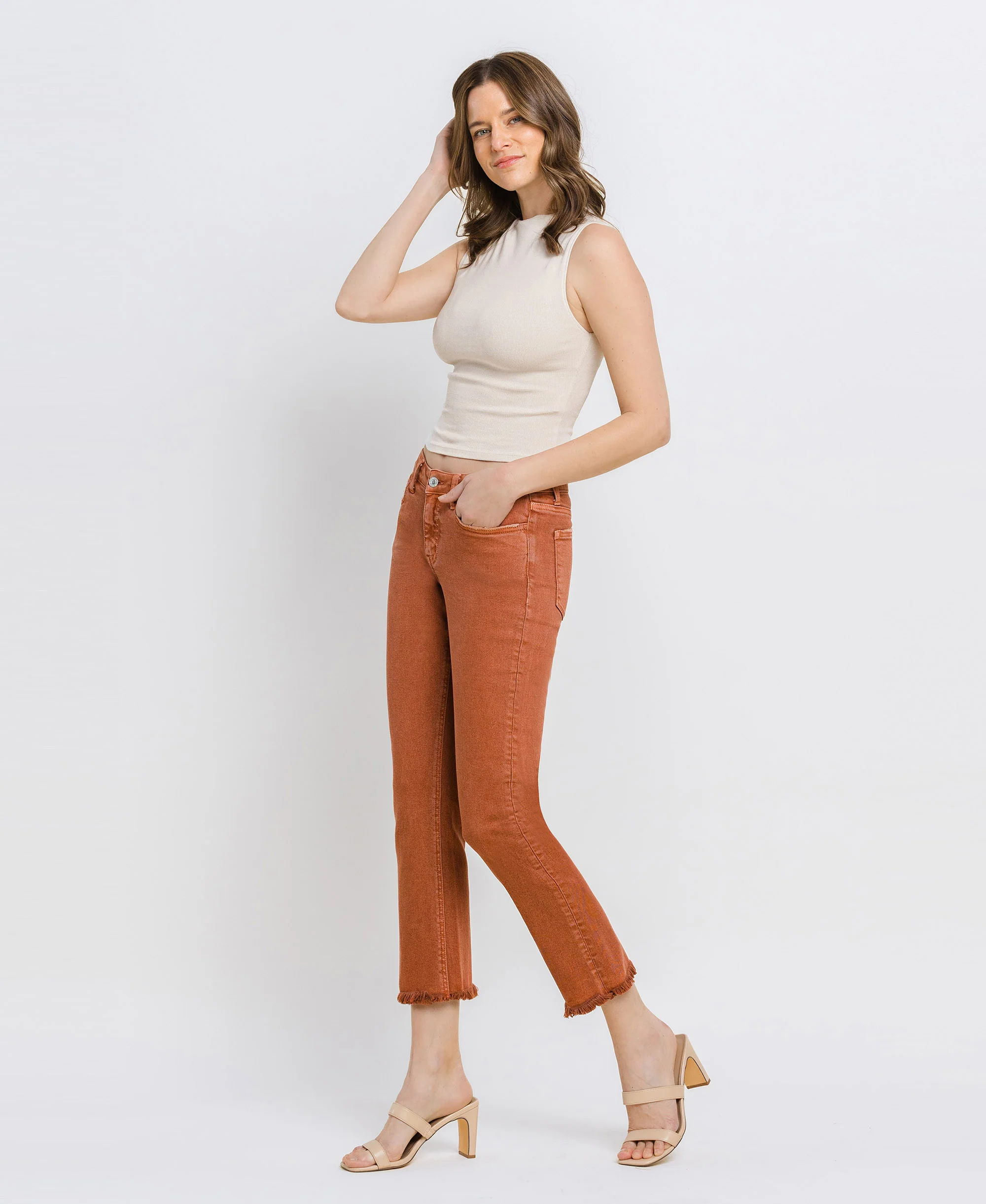Baked Clay - Mid Rise Frayed Hem Crop Slim Straight Jeans - Image 3