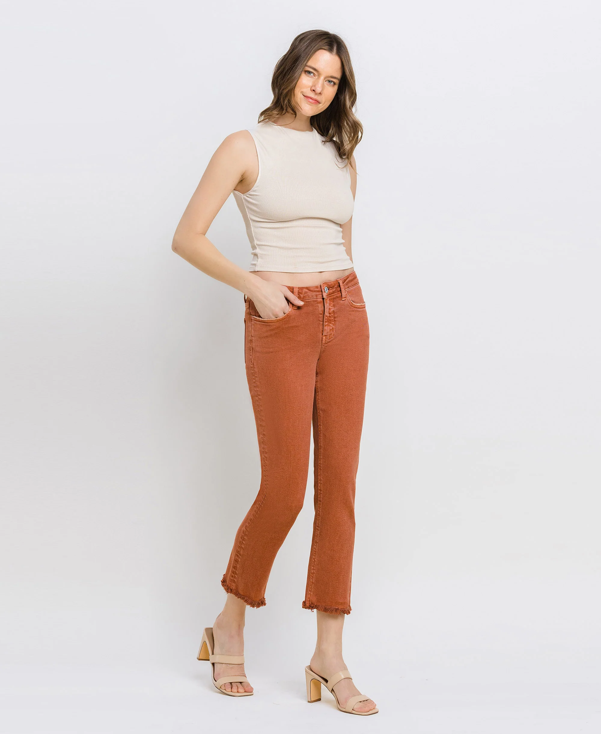 Baked Clay - Mid Rise Frayed Hem Crop Slim Straight Jeans - Image 4