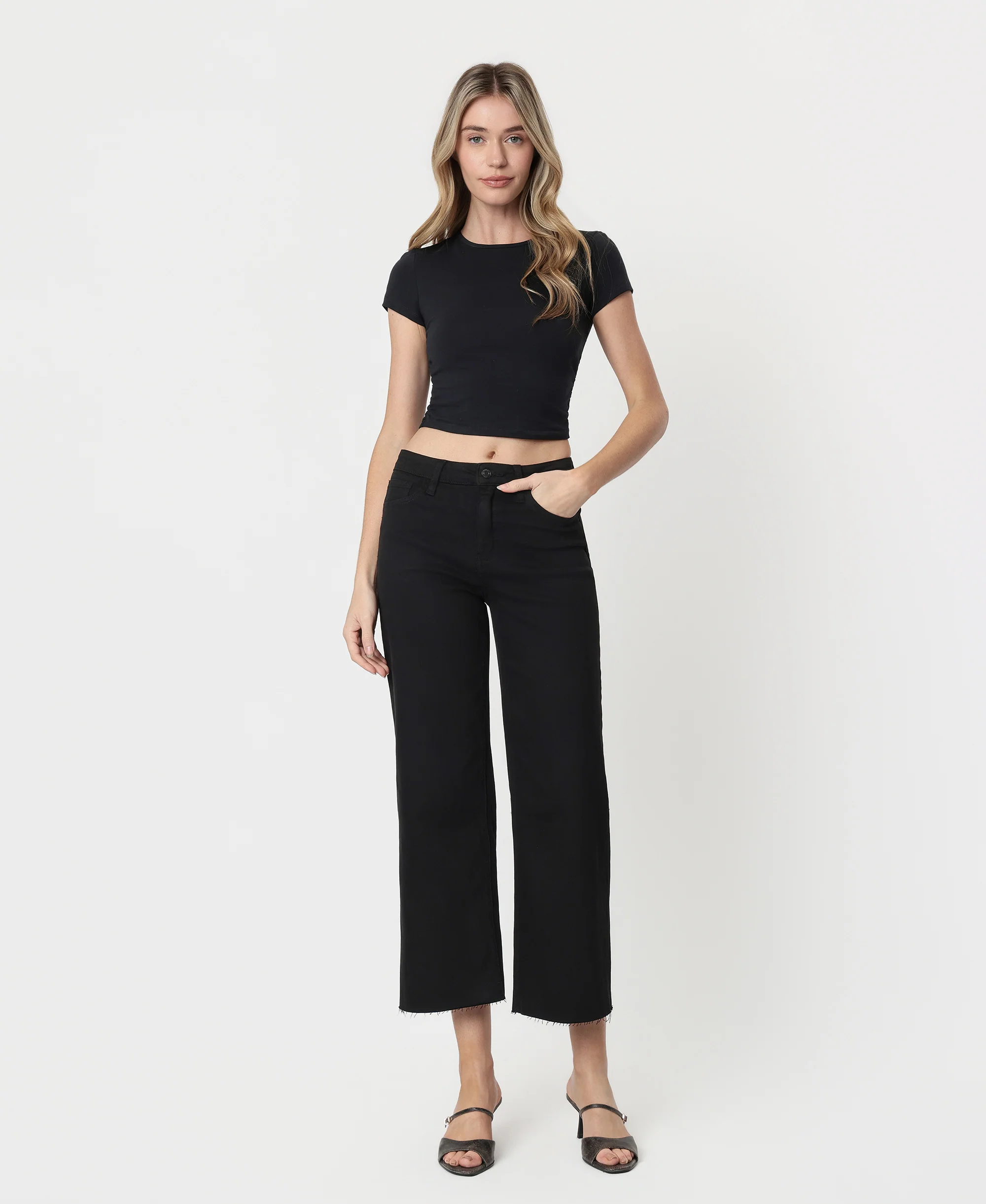 Black - High Rise Crop Wide Leg Jeans