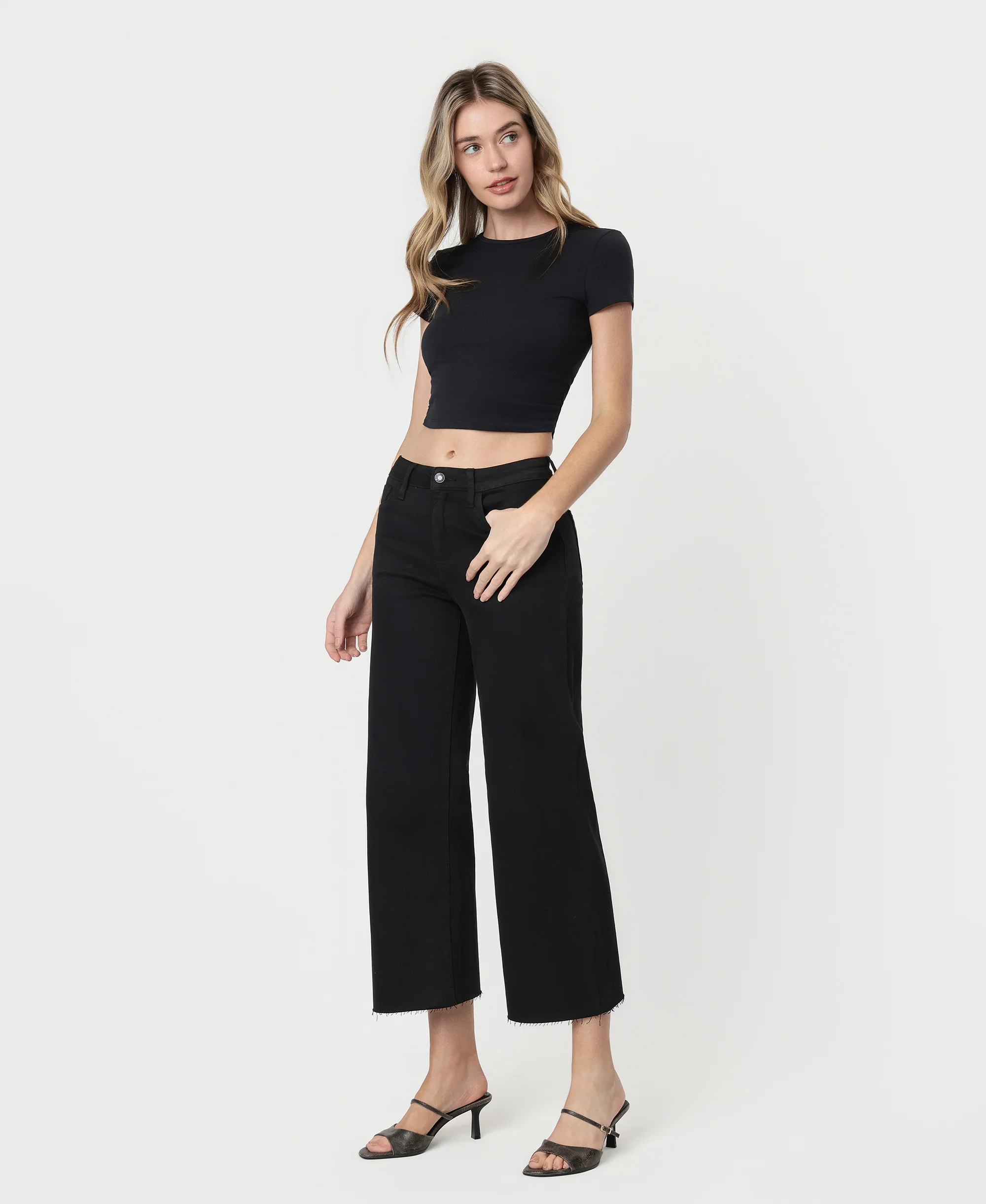 Black - High Rise Crop Wide Leg Jeans - Image 3
