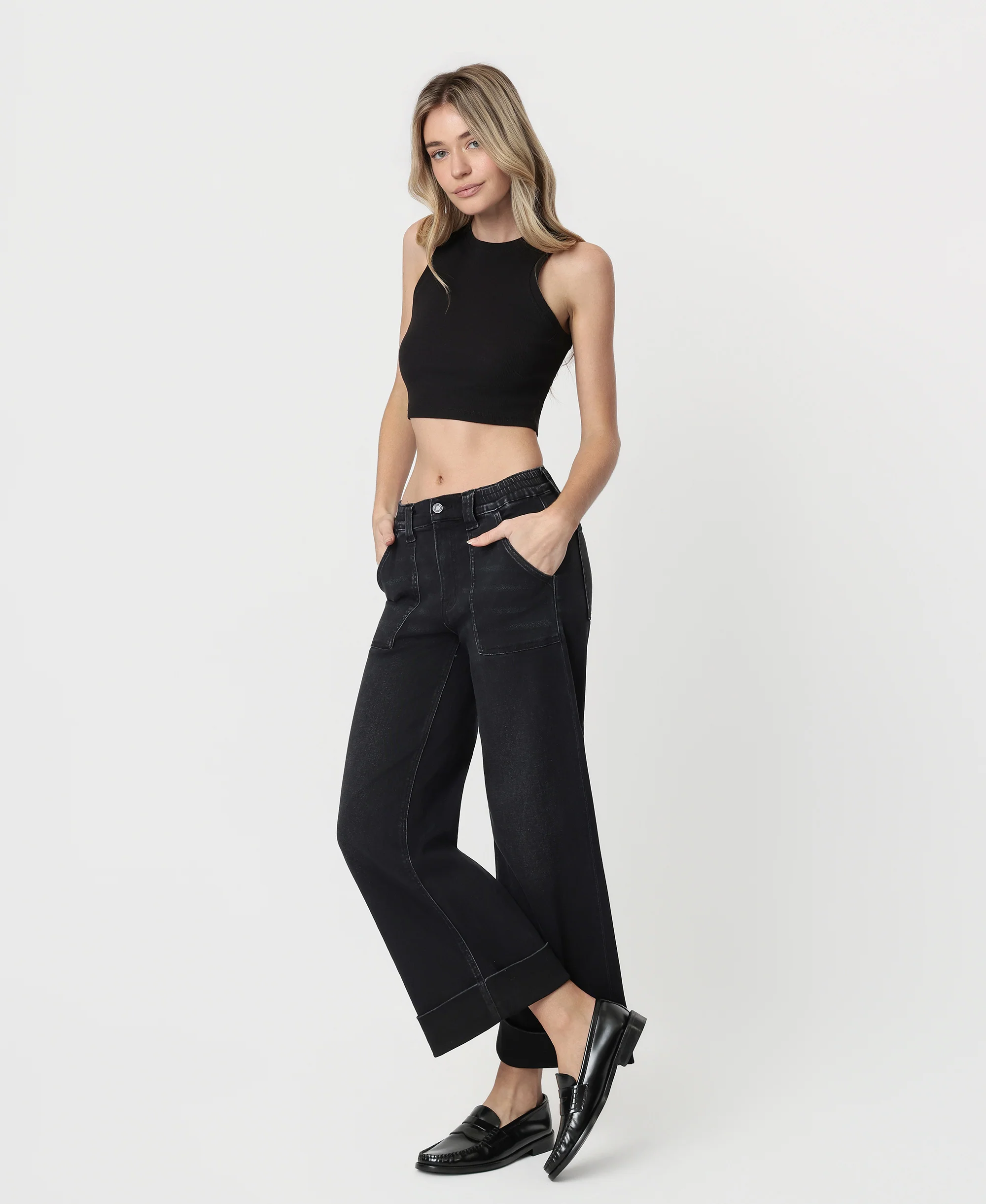 Black - High Rise Cuffed Baggy Wide Leg Jeans - Image 3
