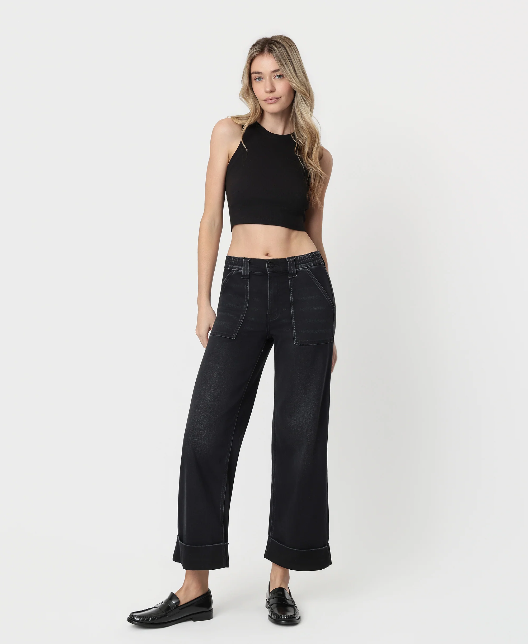 Black - High Rise Cuffed Baggy Wide Leg Jeans - Image 4