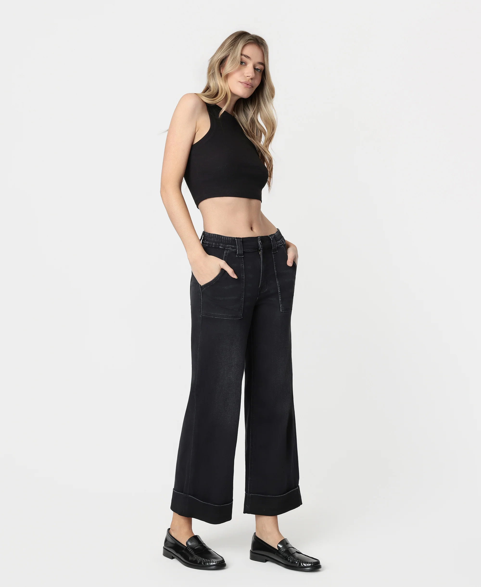 Black - High Rise Cuffed Baggy Wide Leg Jeans - Image 5