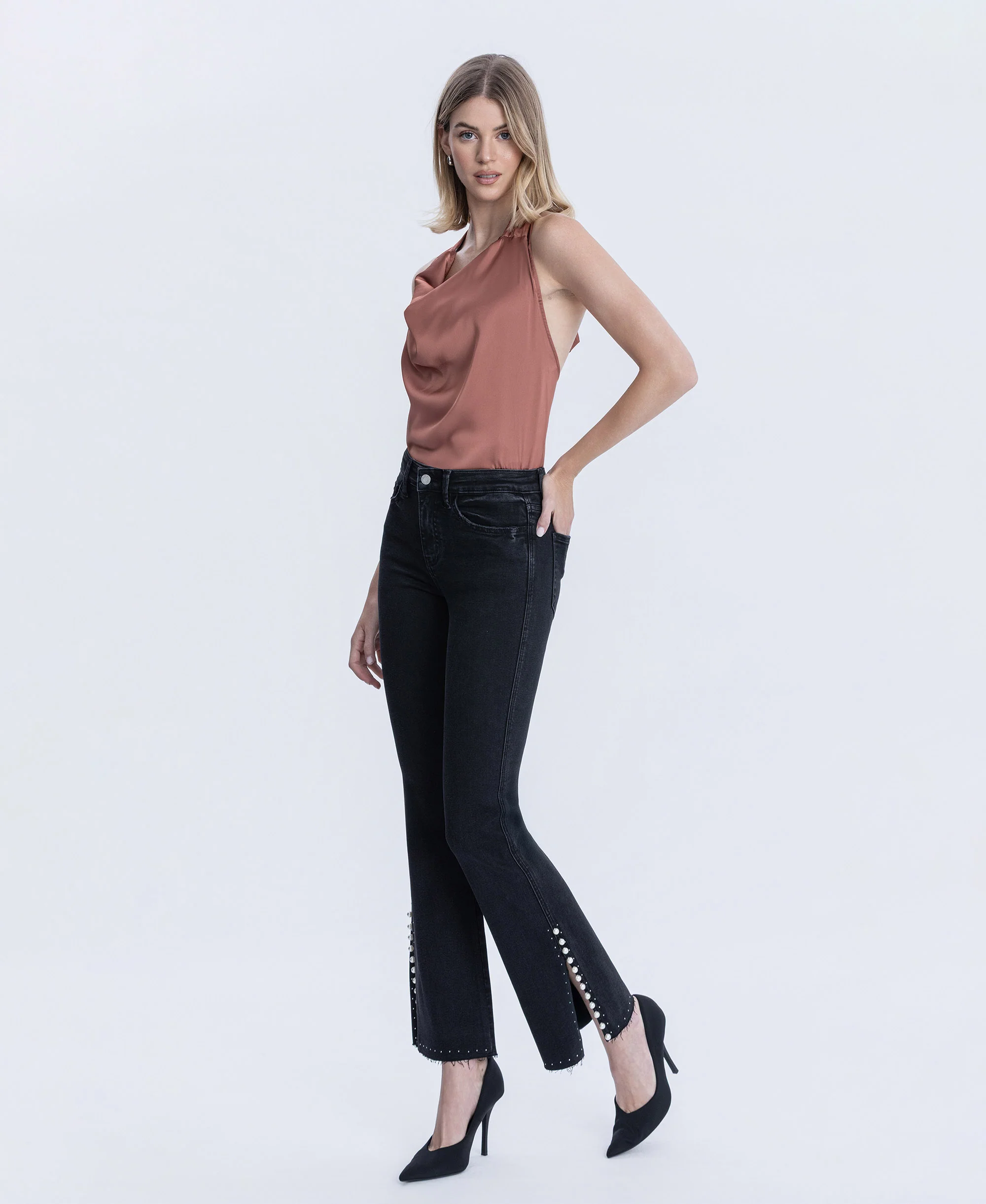 Black - High Rise Pearl Embellished Bootcut Jeans - Image 3