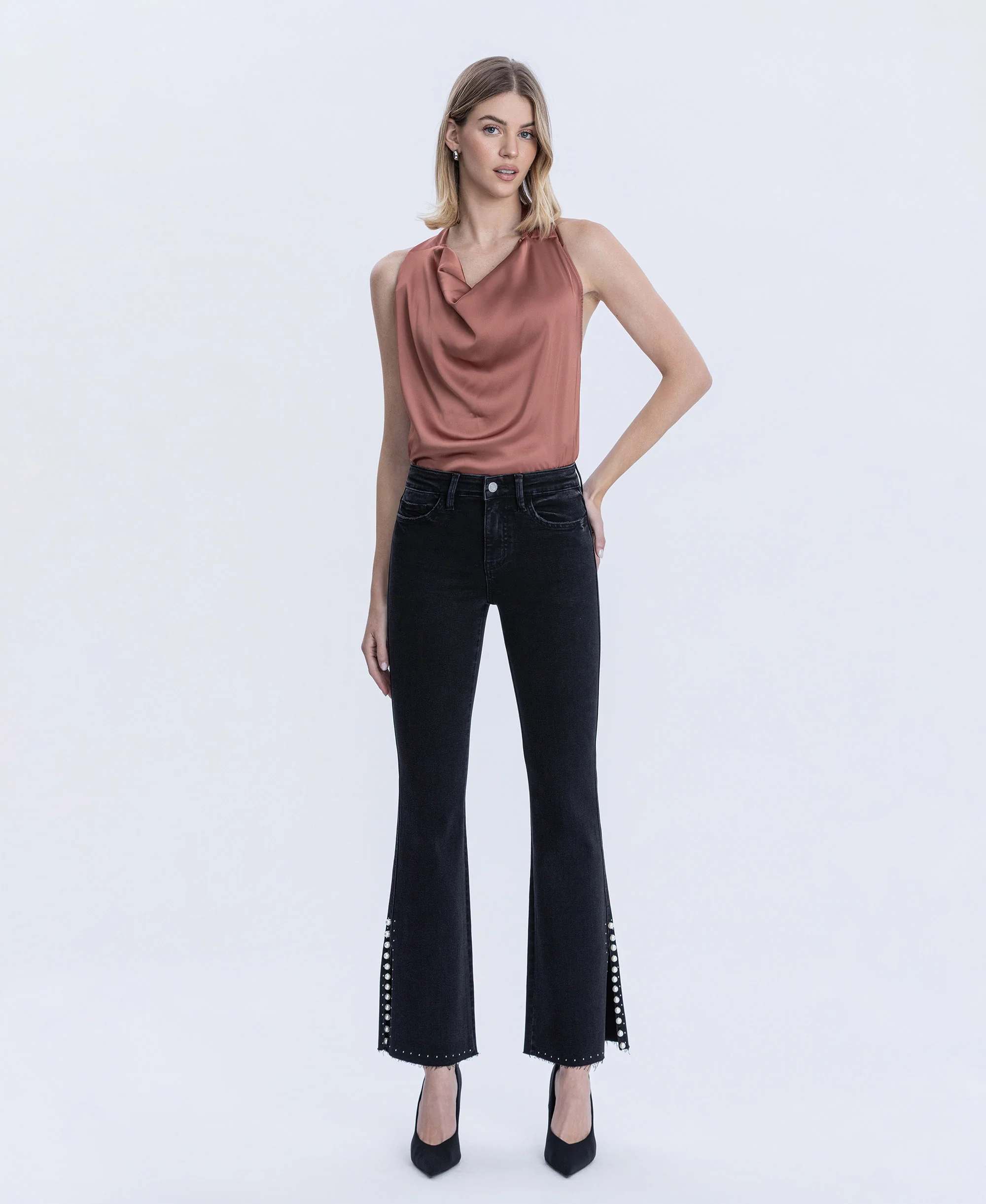 Black - High Rise Pearl Embellished Bootcut Jeans - Image 4