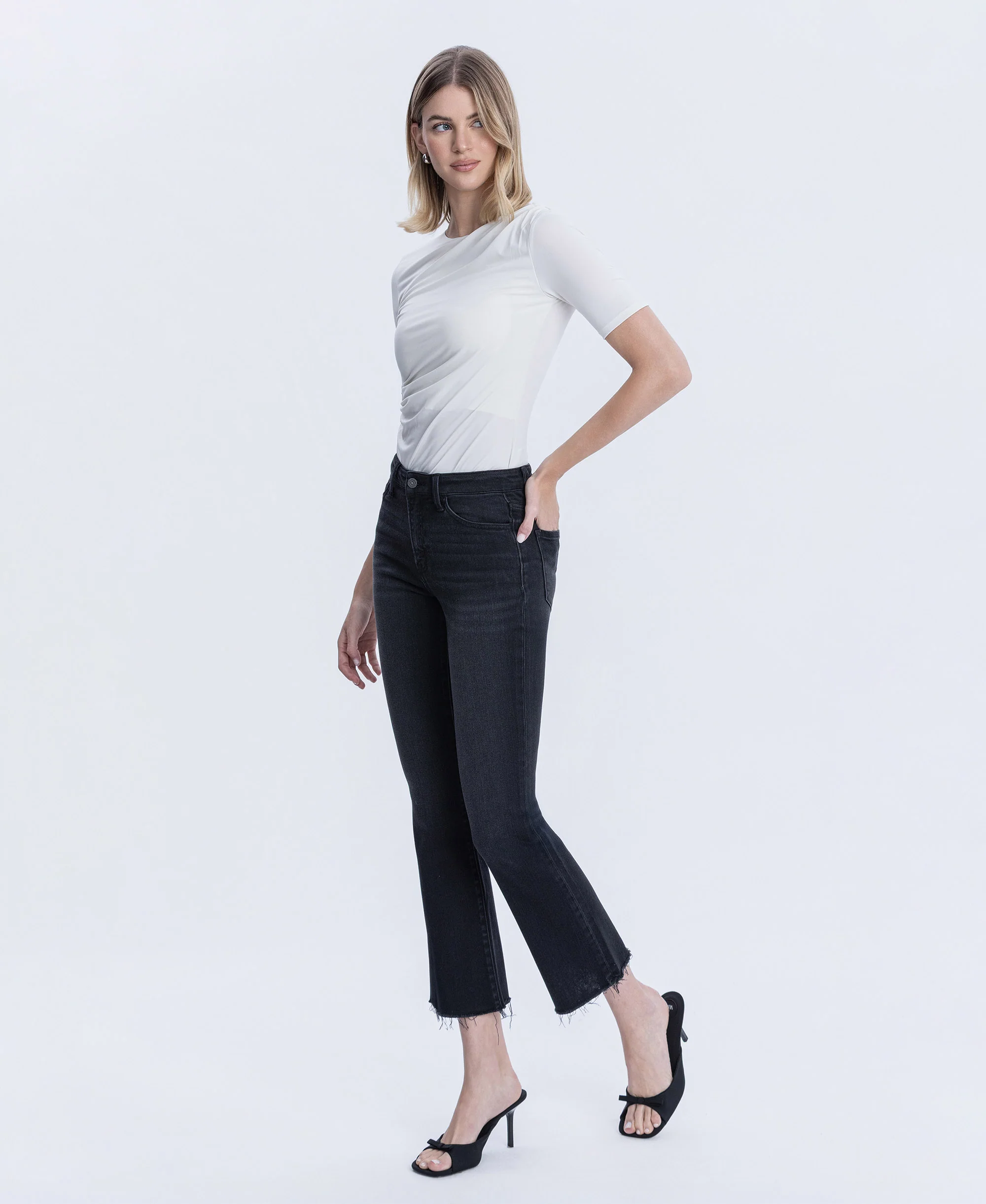 Black - High Rise Raw Hem Ankle Bootcut Jeans - Image 3