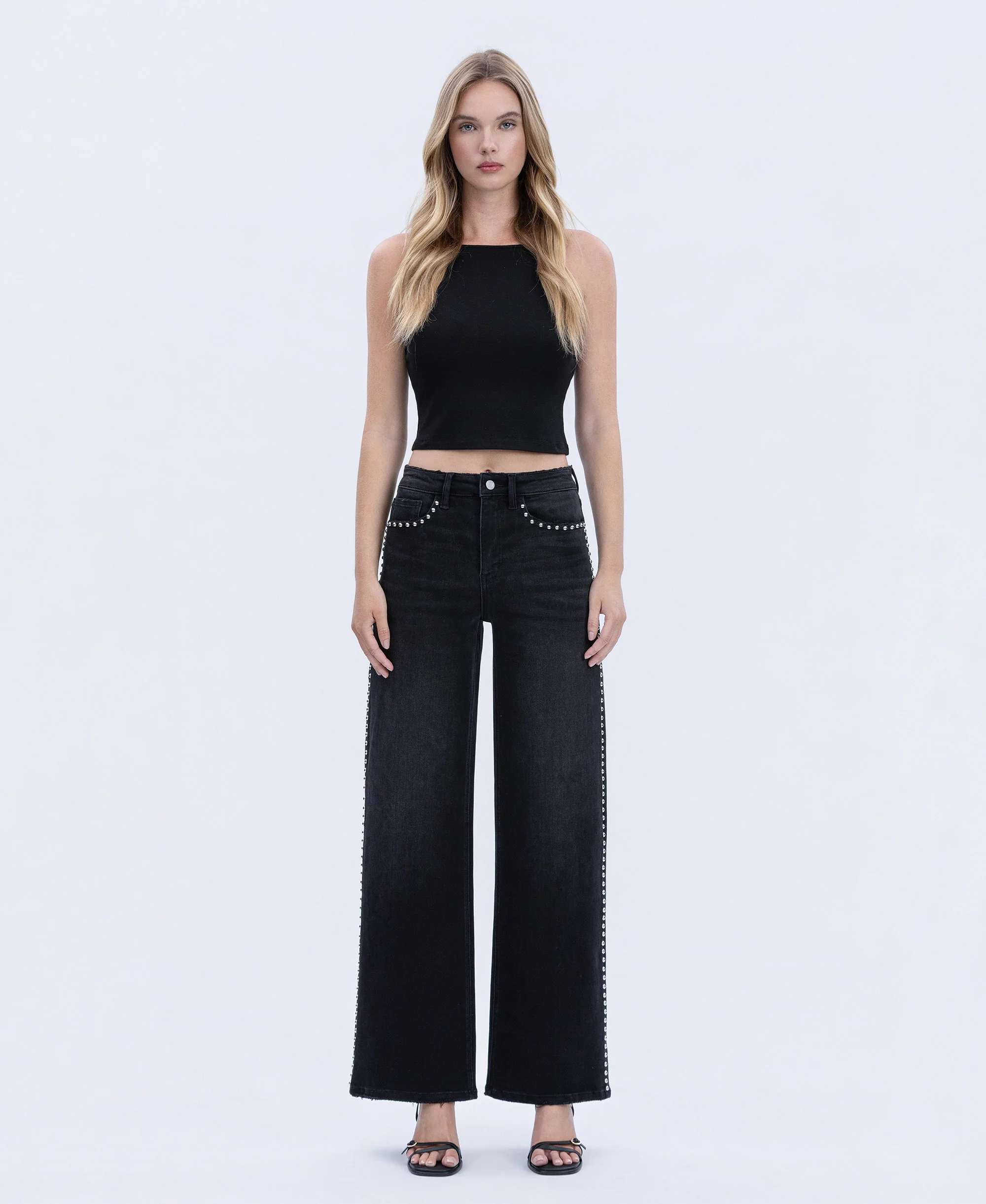 Black - High Rise Silver Dome Nail Head Detail Wide Leg Jeans - Image 4