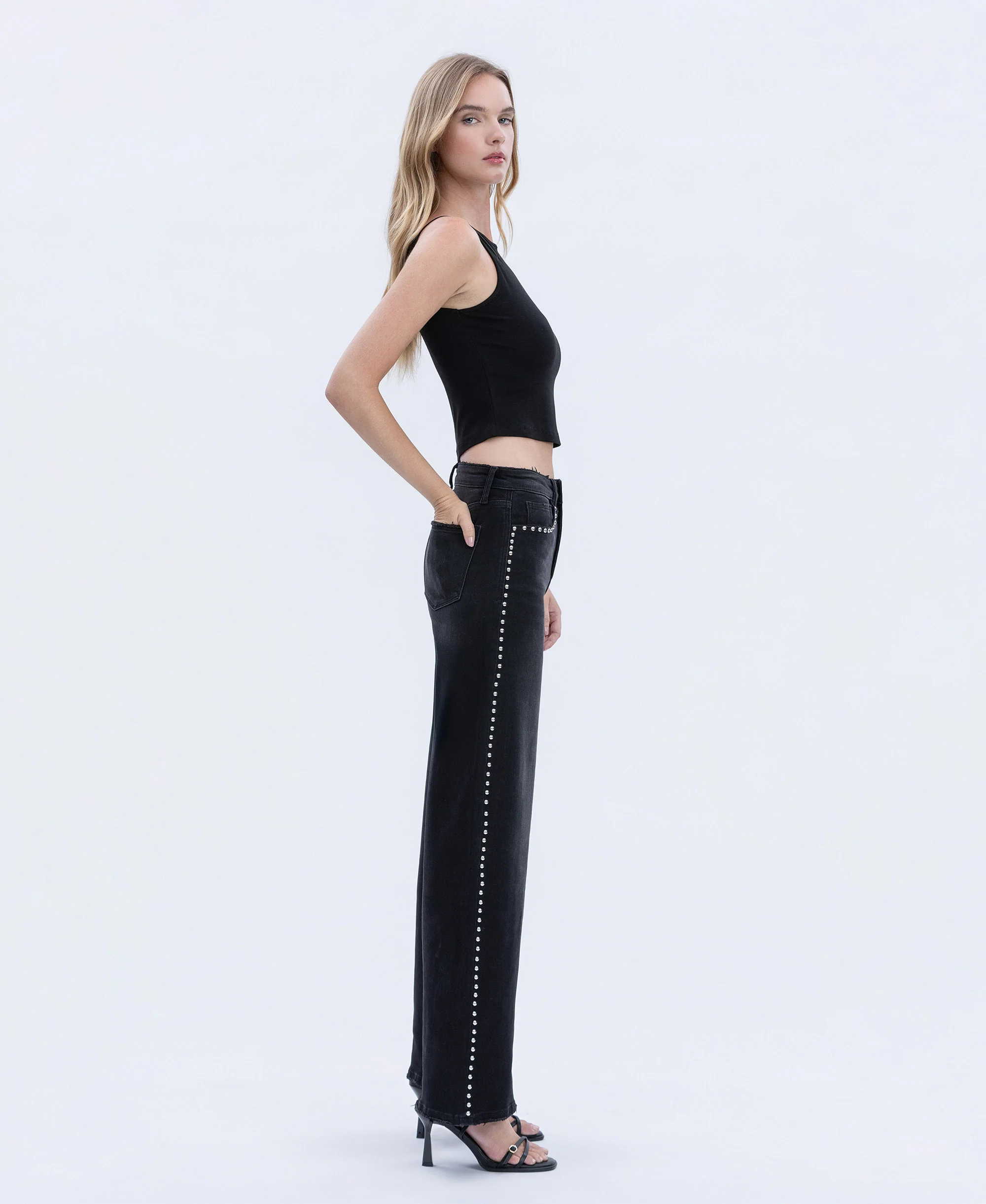 Black - High Rise Silver Dome Nail Head Detail Wide Leg Jeans - Image 5