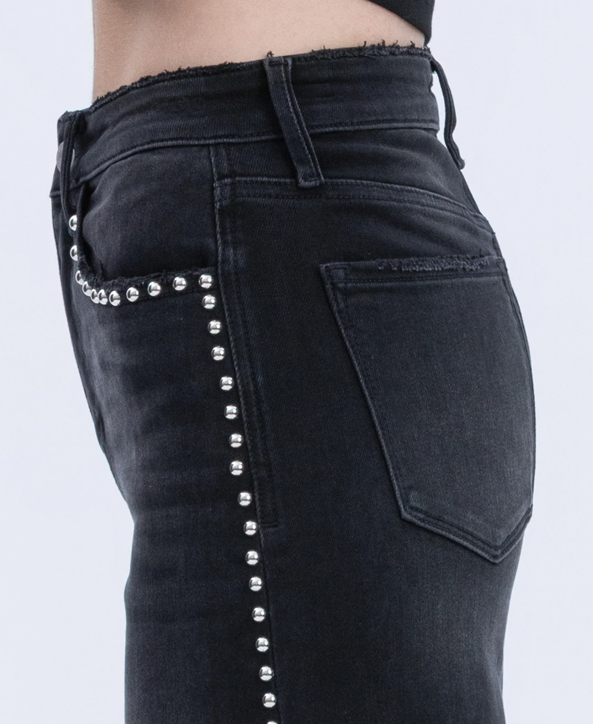 Black - High Rise Silver Dome Nail Head Detail Wide Leg Jeans - Image 6
