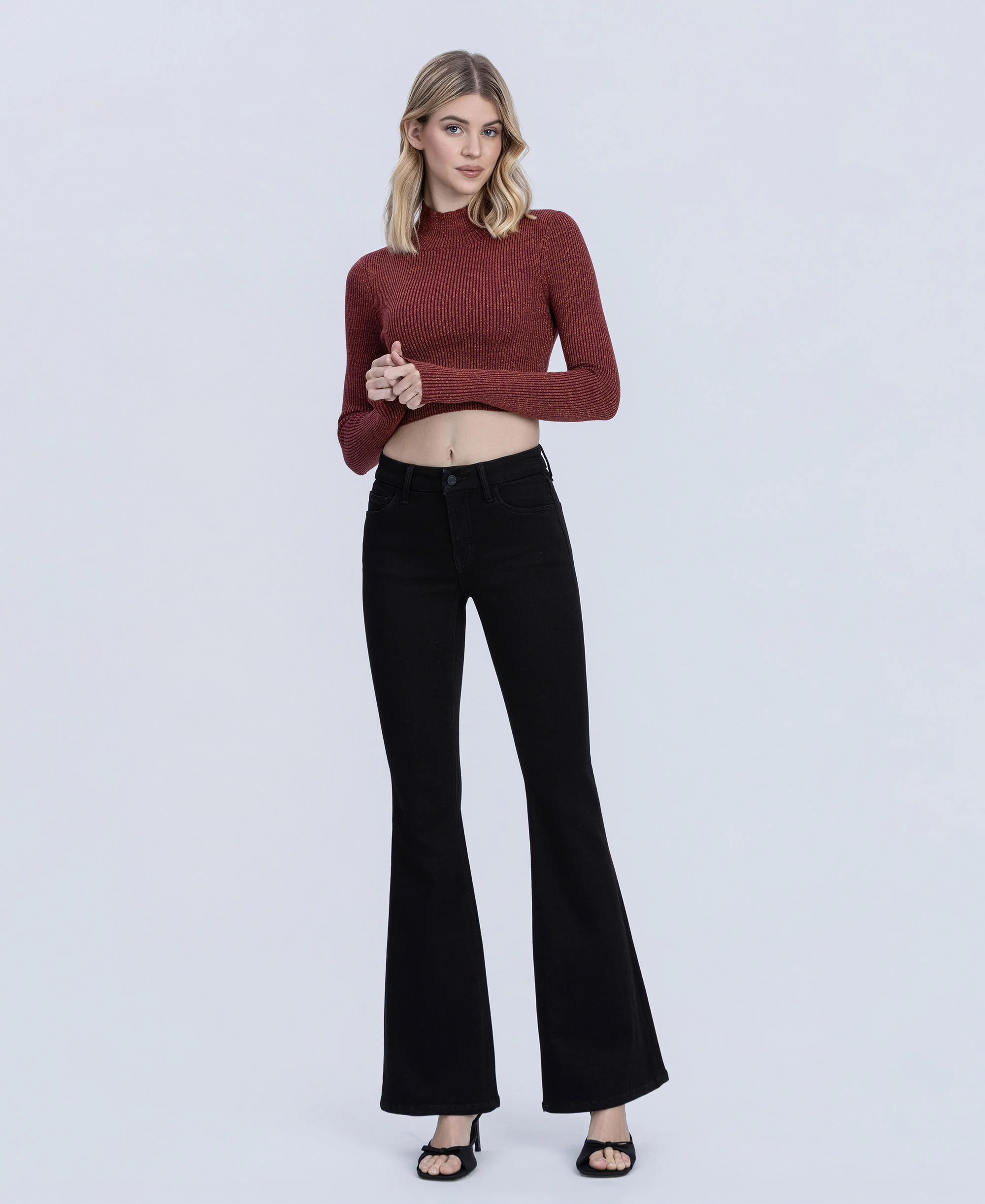 Black - Mid Rise Full Length Seamless WB Flare Jeans - Image 4