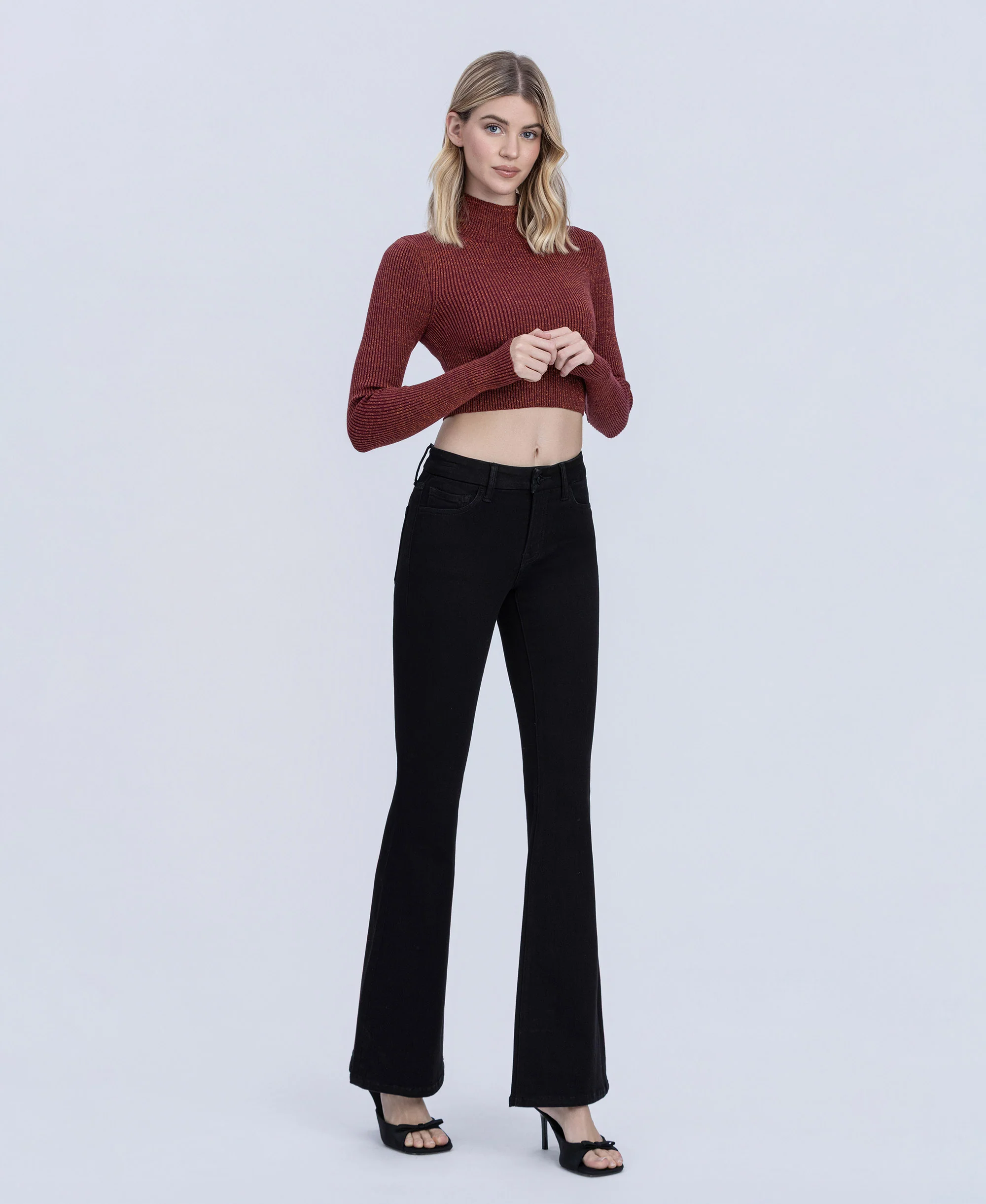 Black - Mid Rise Full Length Seamless WB Flare Jeans - Image 5