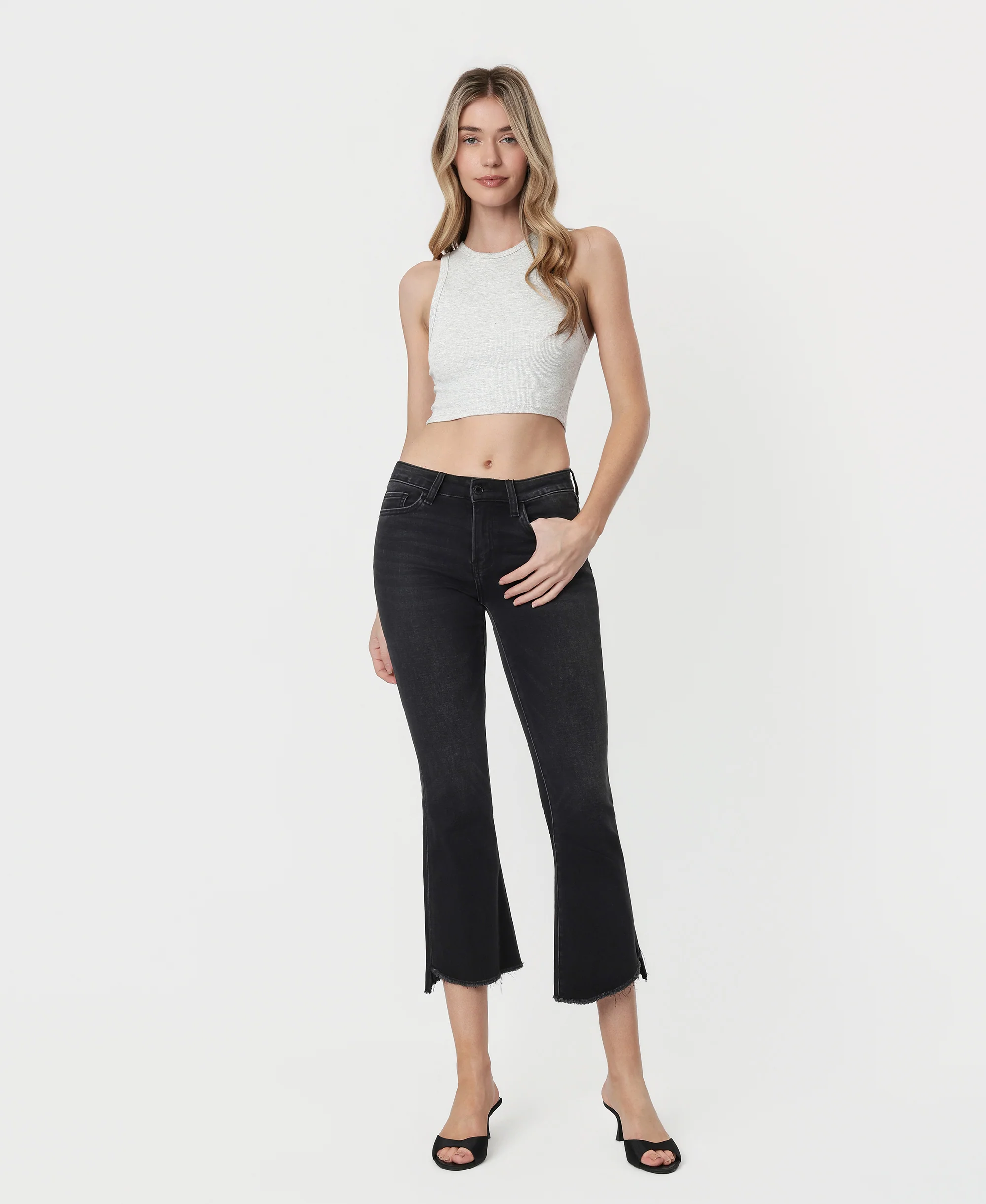 Black - Mid Rise Raw Step Hem Crop Flare Jeans