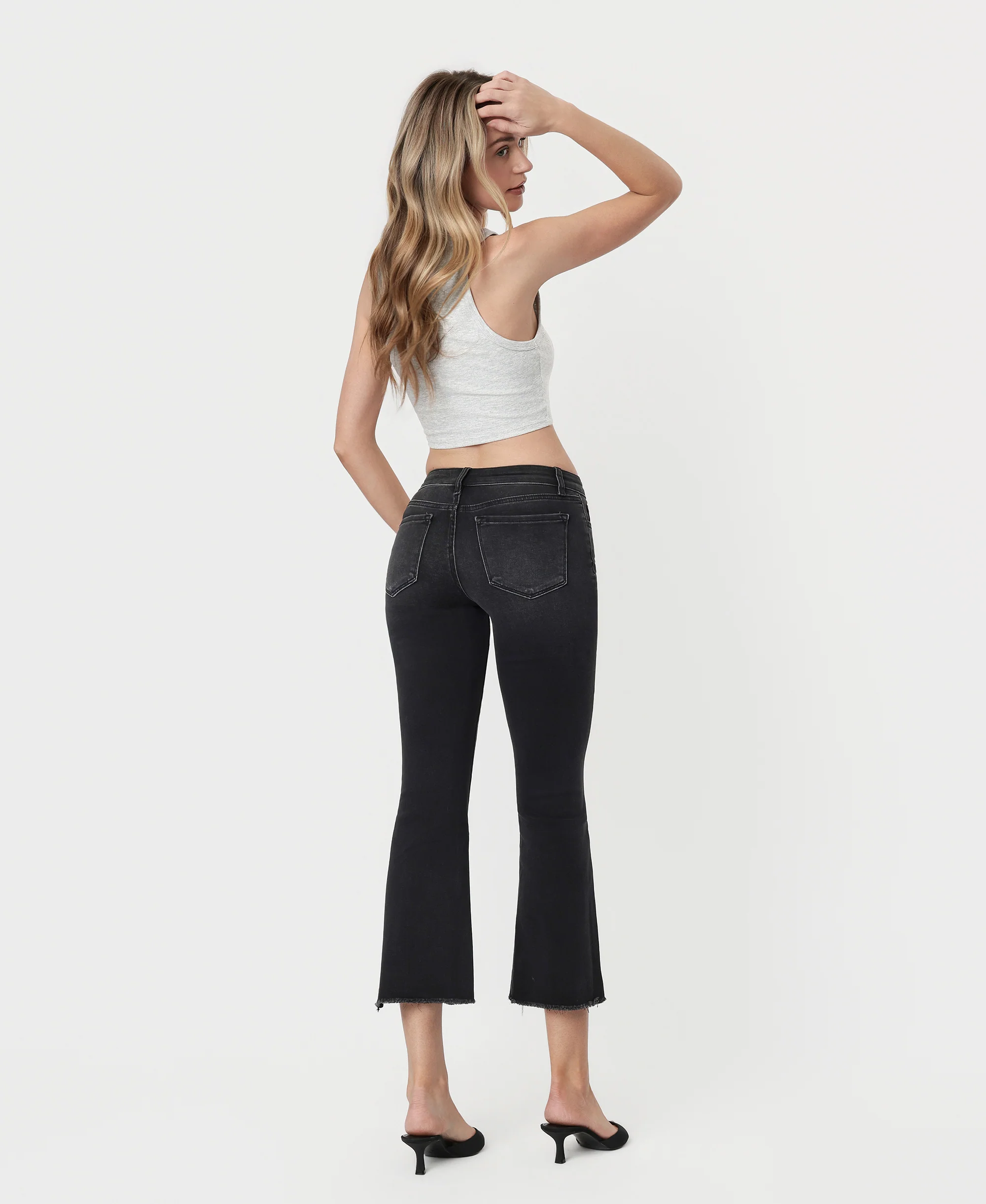 Black - Mid Rise Raw Step Hem Crop Flare Jeans - Image 2