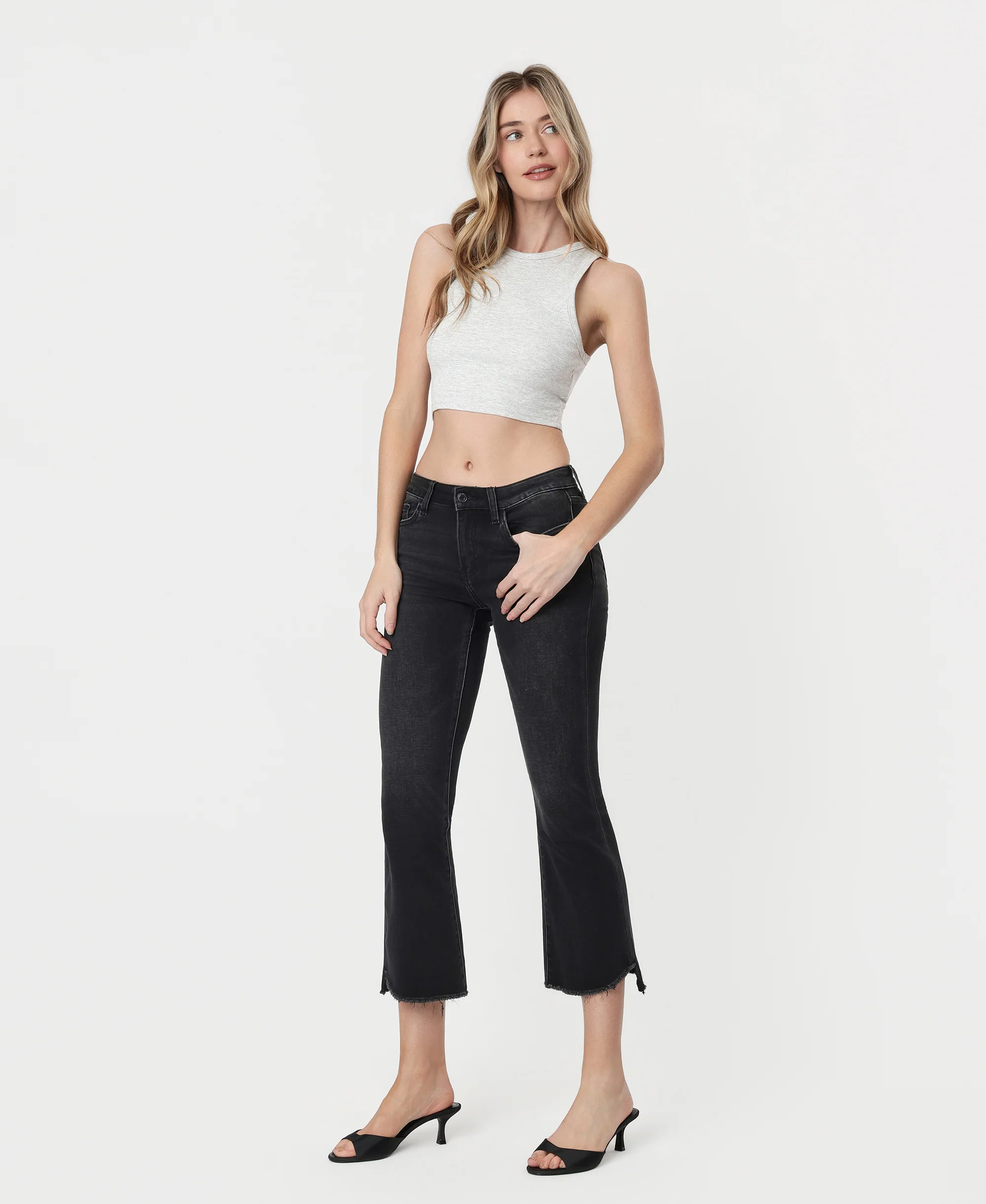 Black - Mid Rise Raw Step Hem Crop Flare Jeans - Image 3