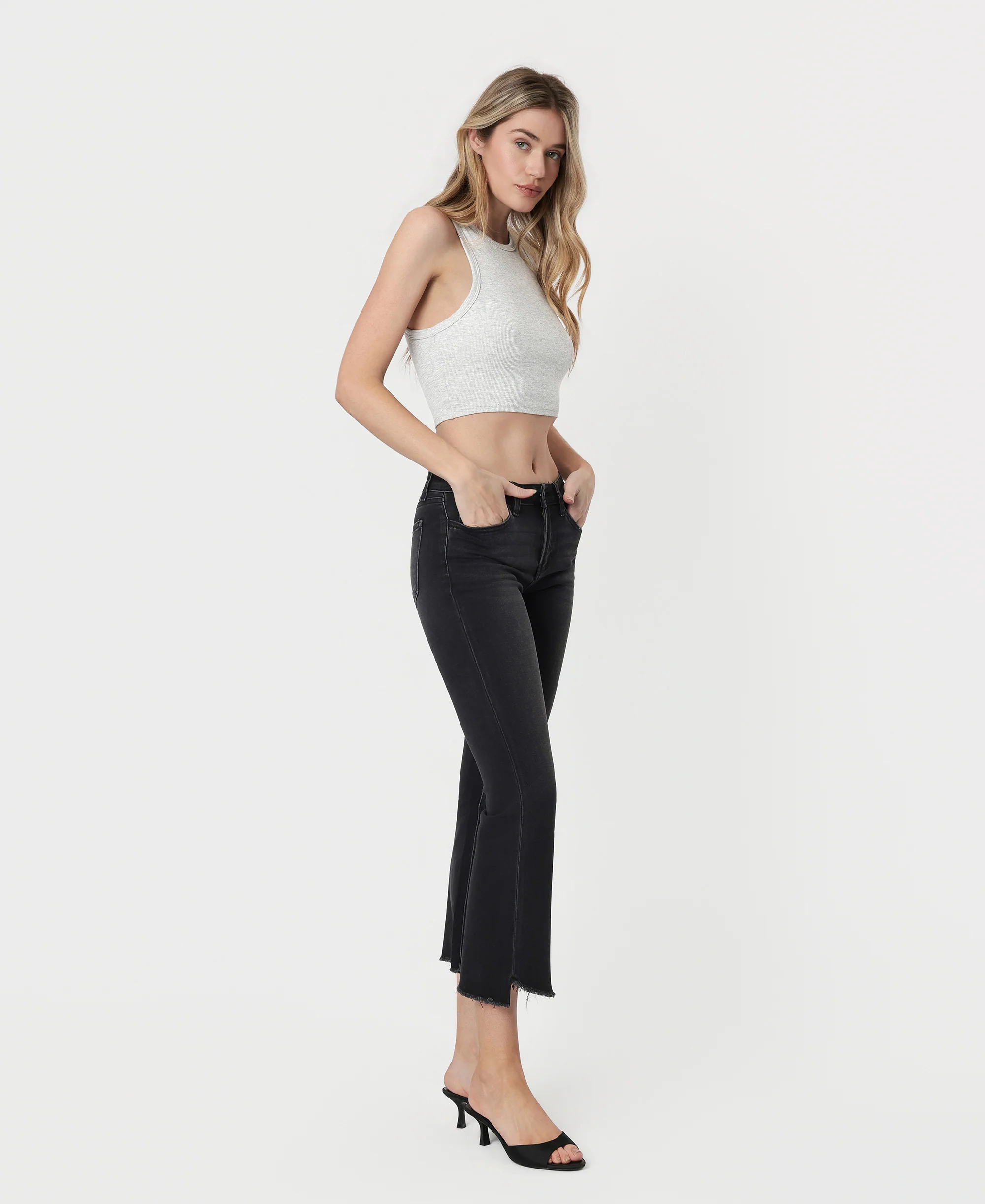 Black - Mid Rise Raw Step Hem Crop Flare Jeans - Image 4