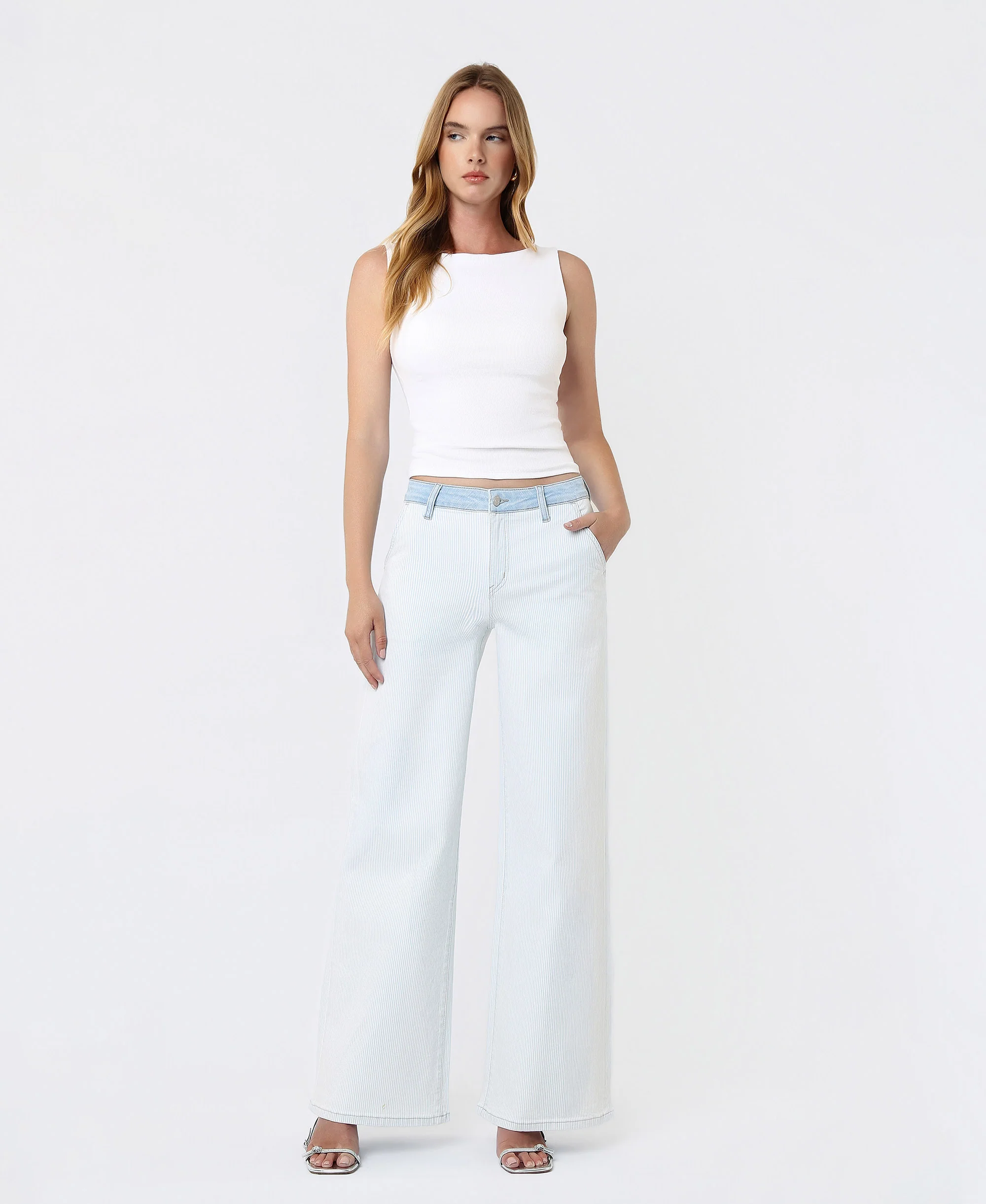 Castle Rock - High Rise Contrast WB Striped Wide Leg Jeans