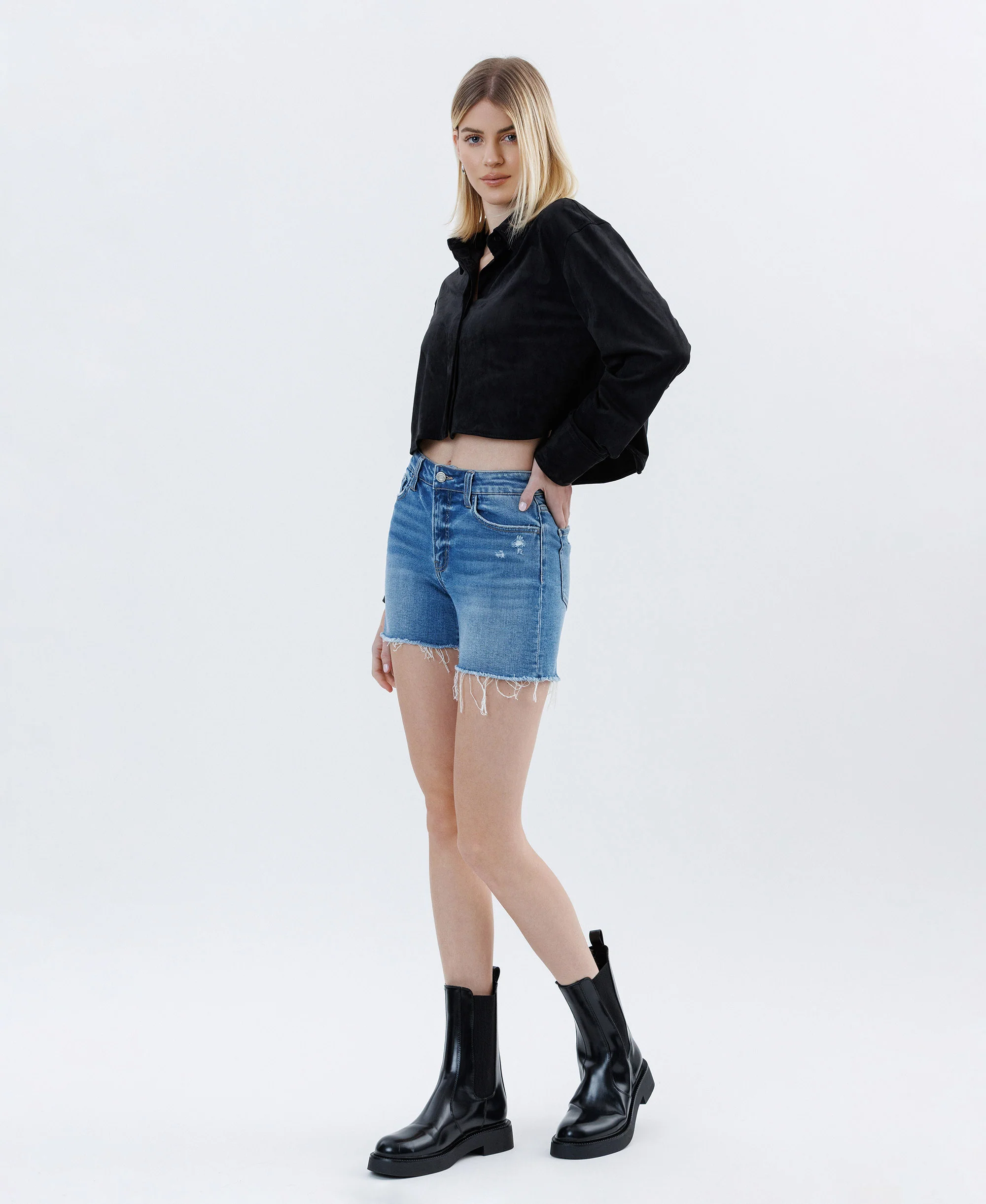 Climax - High Rise Raw Hem Denim Shorts - Image 3