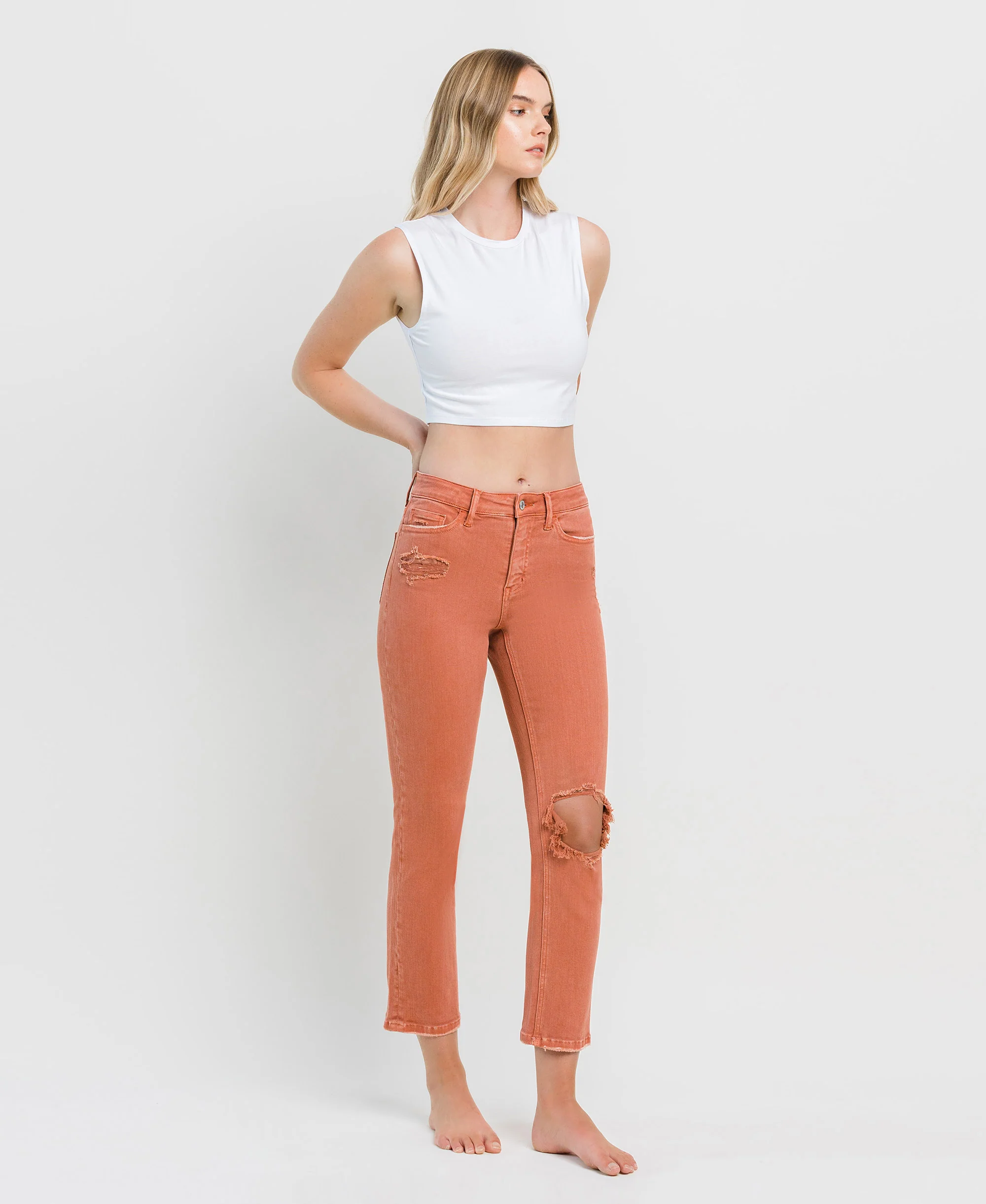 Copper Brown - High Rise Crop Slim Straight Jeans - Image 4