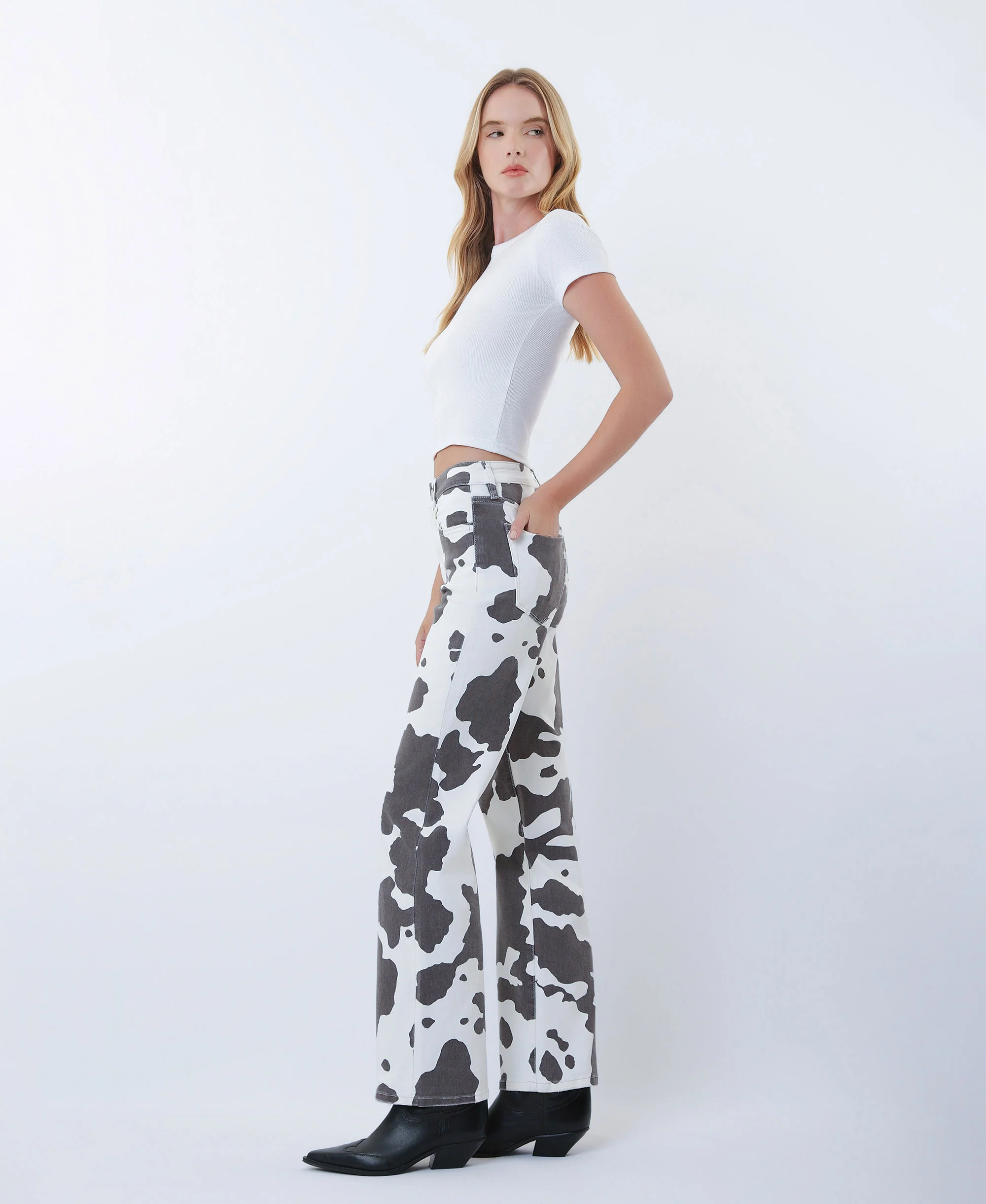 Cow Print - High Rise Full Length Wide Leg Jeans - Image 3