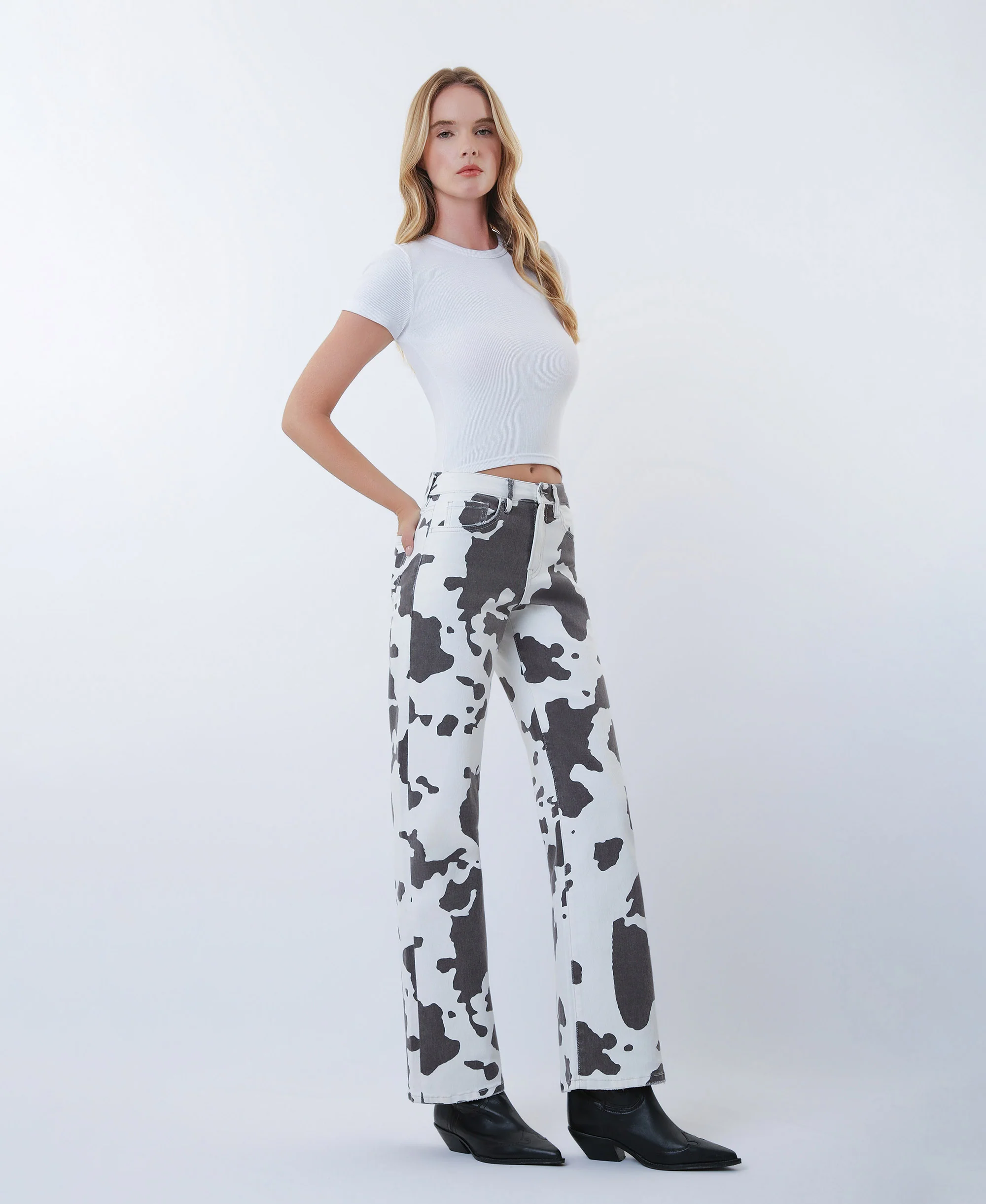 Cow Print - High Rise Full Length Wide Leg Jeans - Image 4