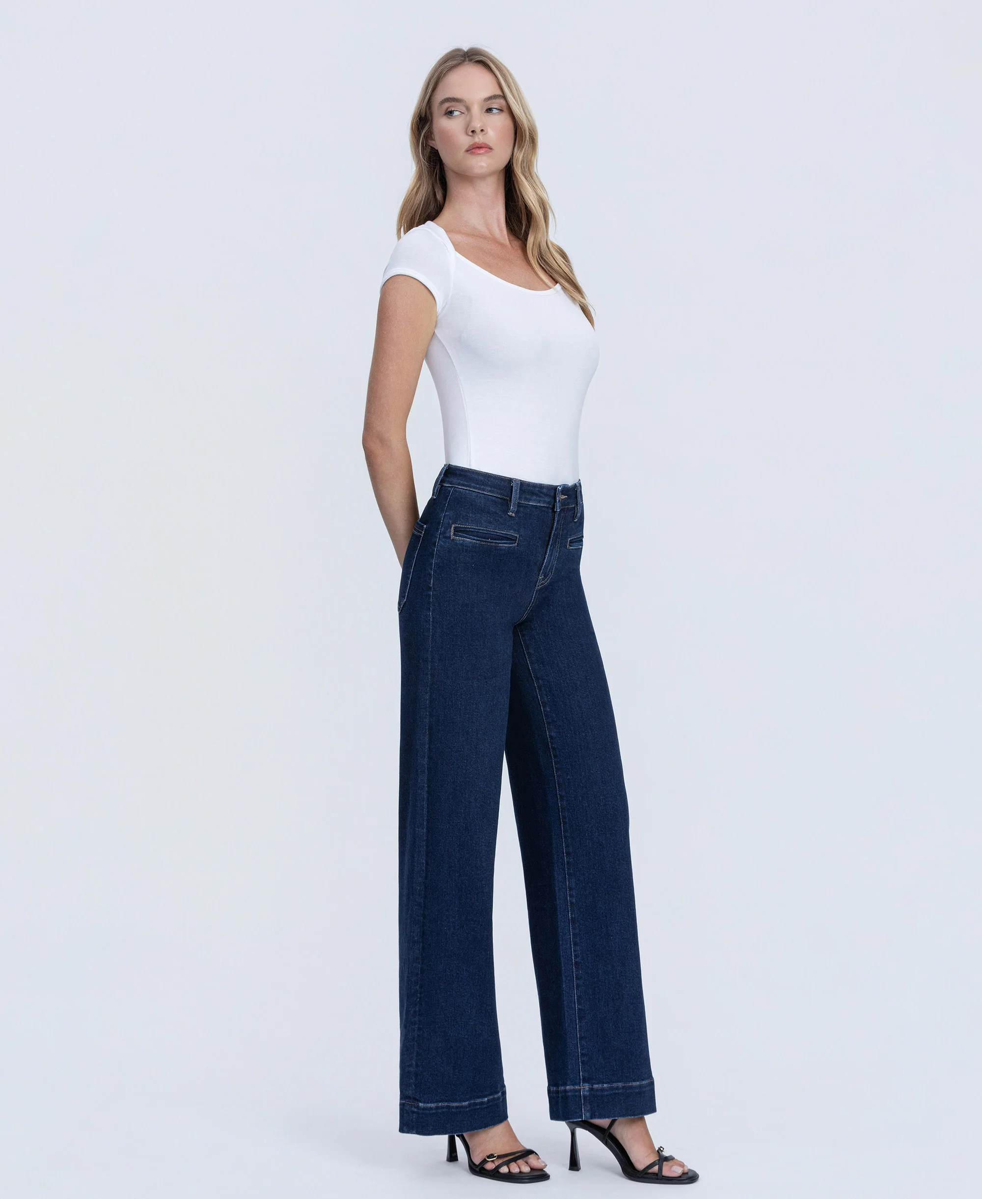 Dark Wash - High Rise Front Welt Pocket Trouser Wide Leg Jeans - Image 4