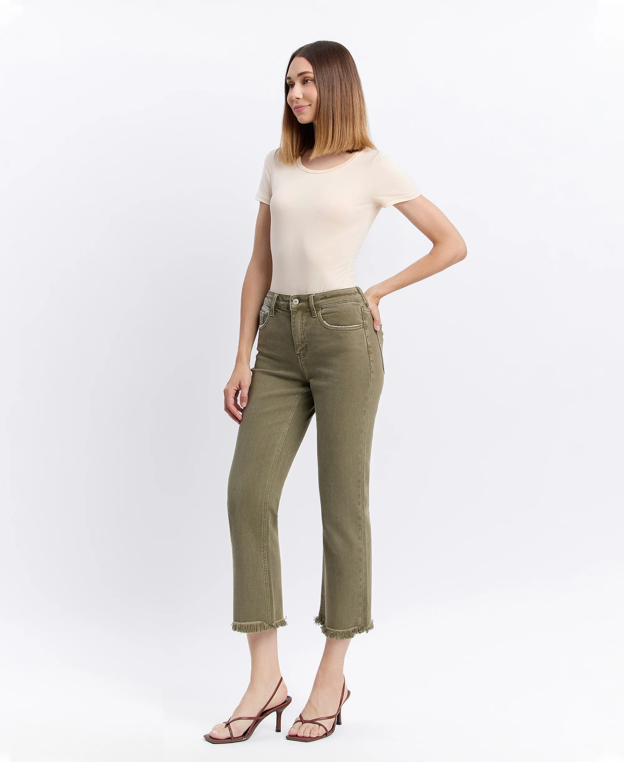 Deep Lichen Green - High Rise Raw Crop Straight Jeans - Image 3