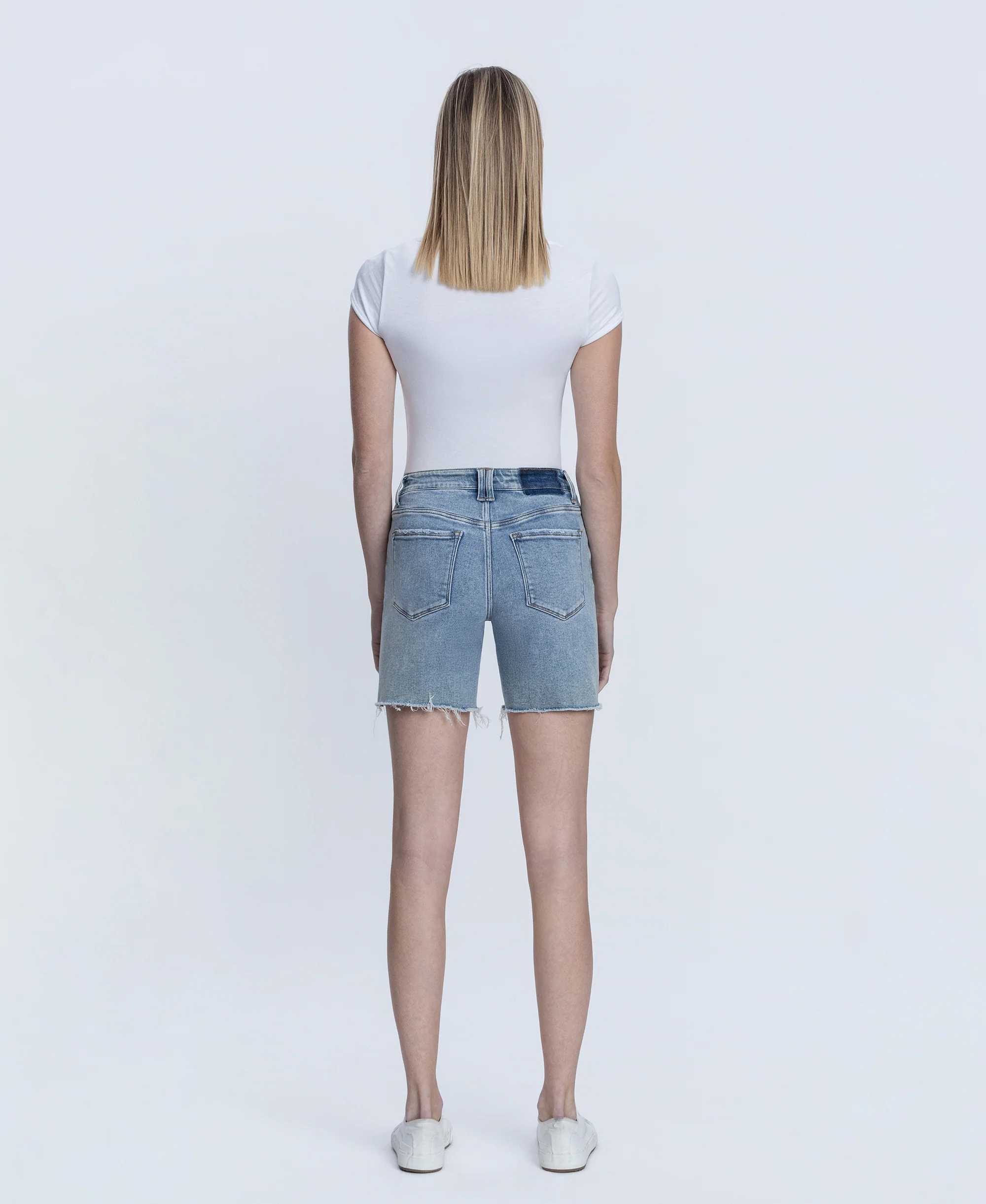 Done Deal - High Rise Raw Hem Midi Denim Shorts - Image 2