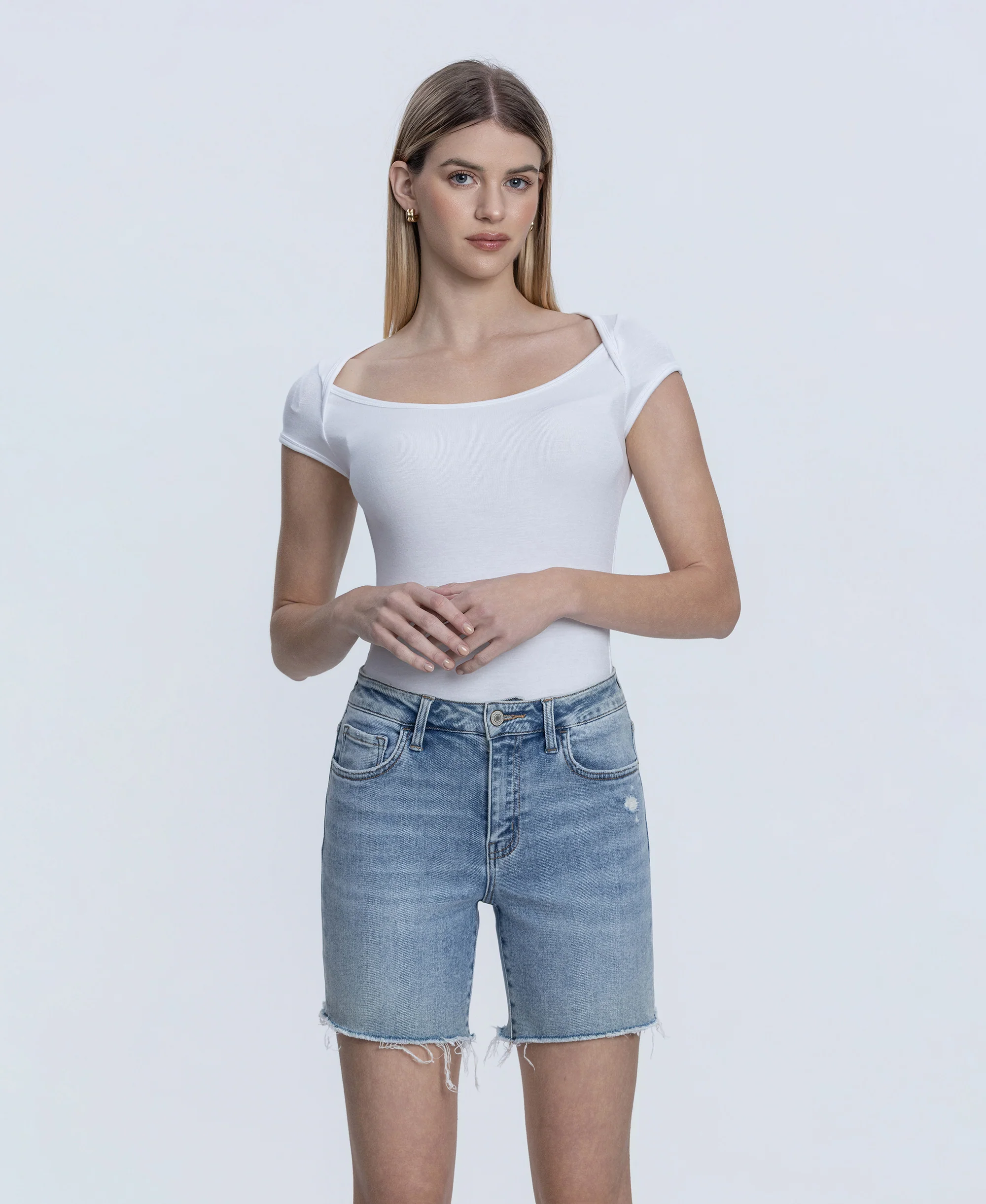 Done Deal - High Rise Raw Hem Midi Denim Shorts - Image 5