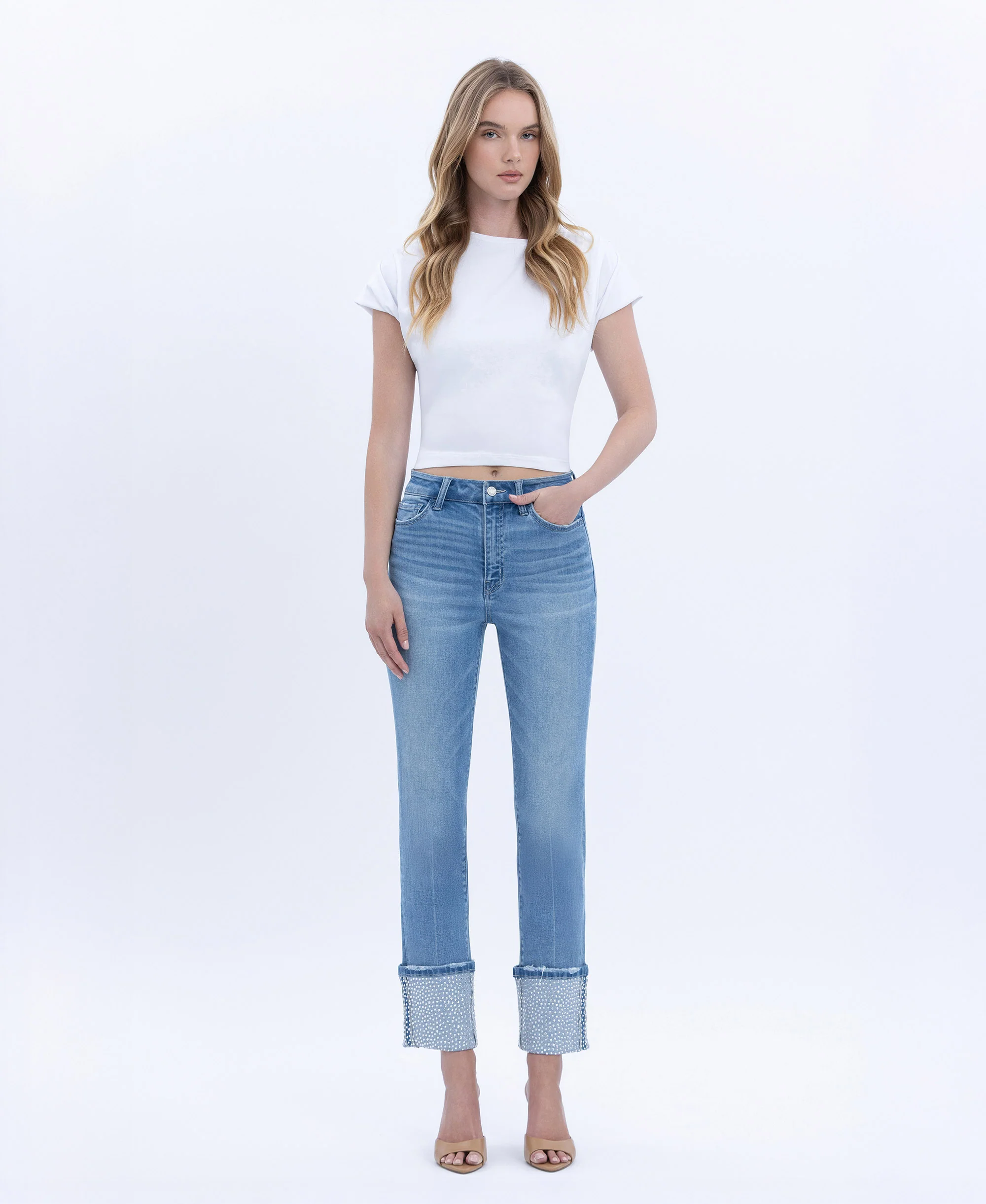 Elegant Serenity - High Rise Rhinestone Cuffed Slim Straight Jeans