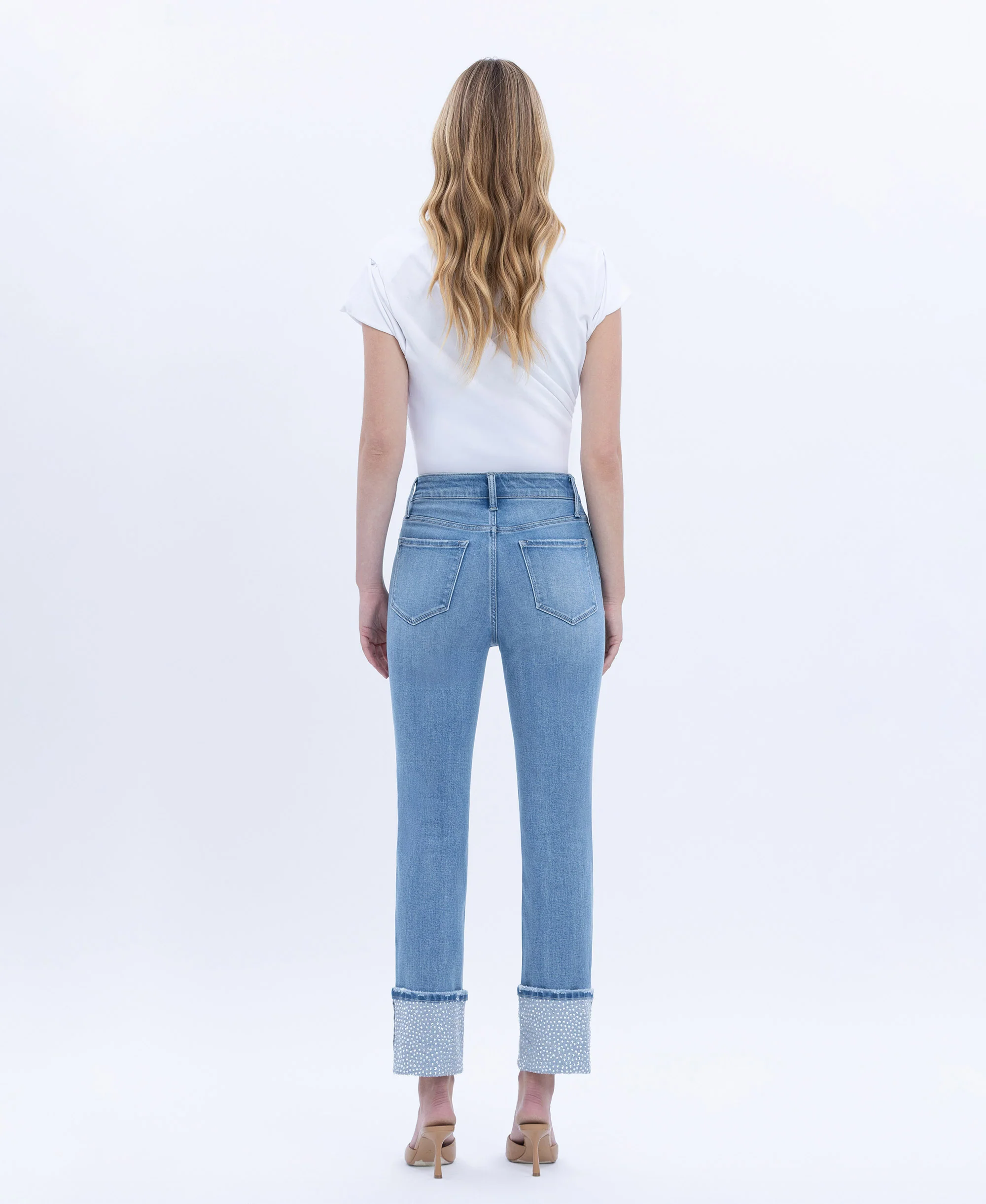 Elegant Serenity - High Rise Rhinestone Cuffed Slim Straight Jeans - Image 2