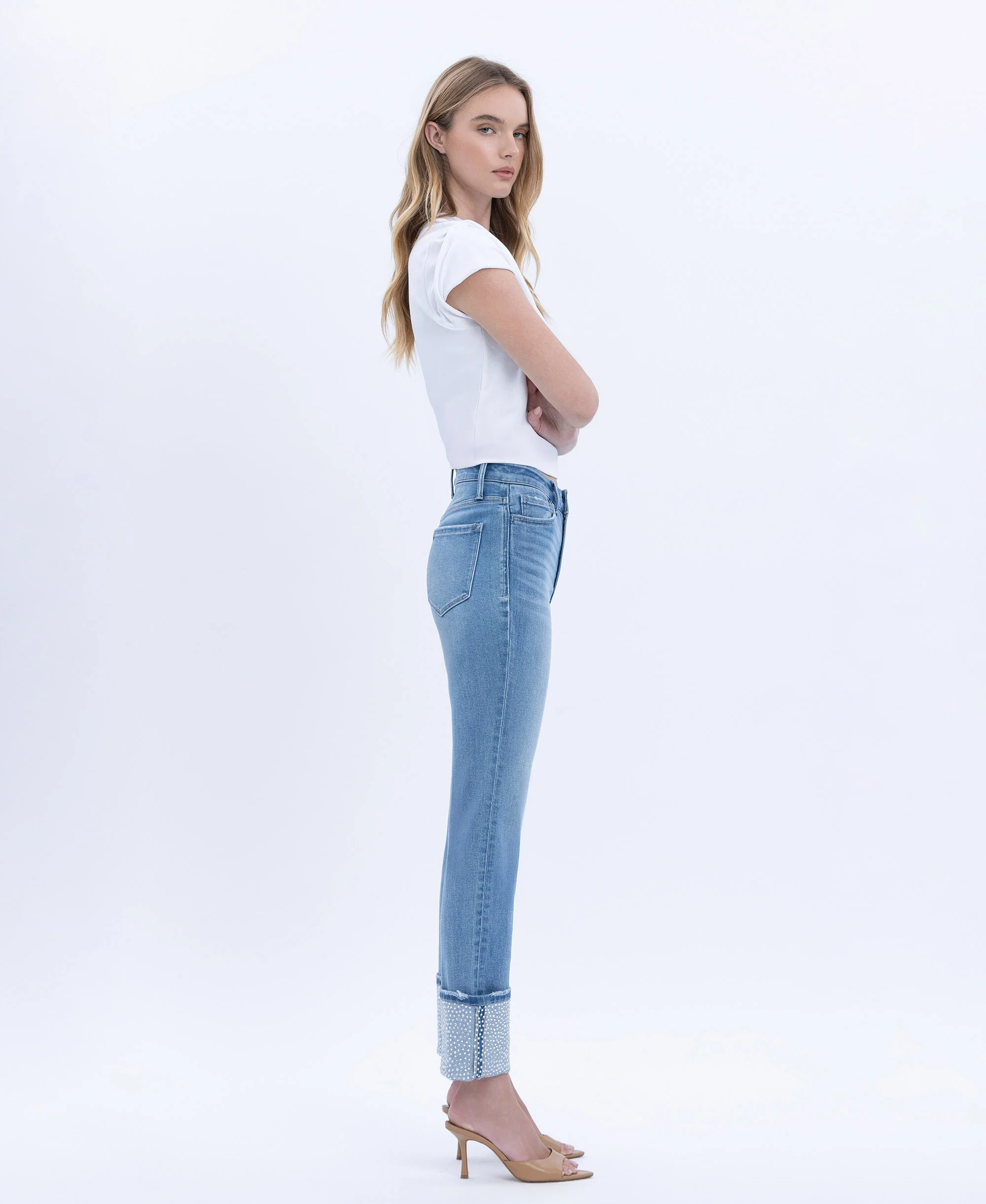 Elegant Serenity - High Rise Rhinestone Cuffed Slim Straight Jeans - Image 4