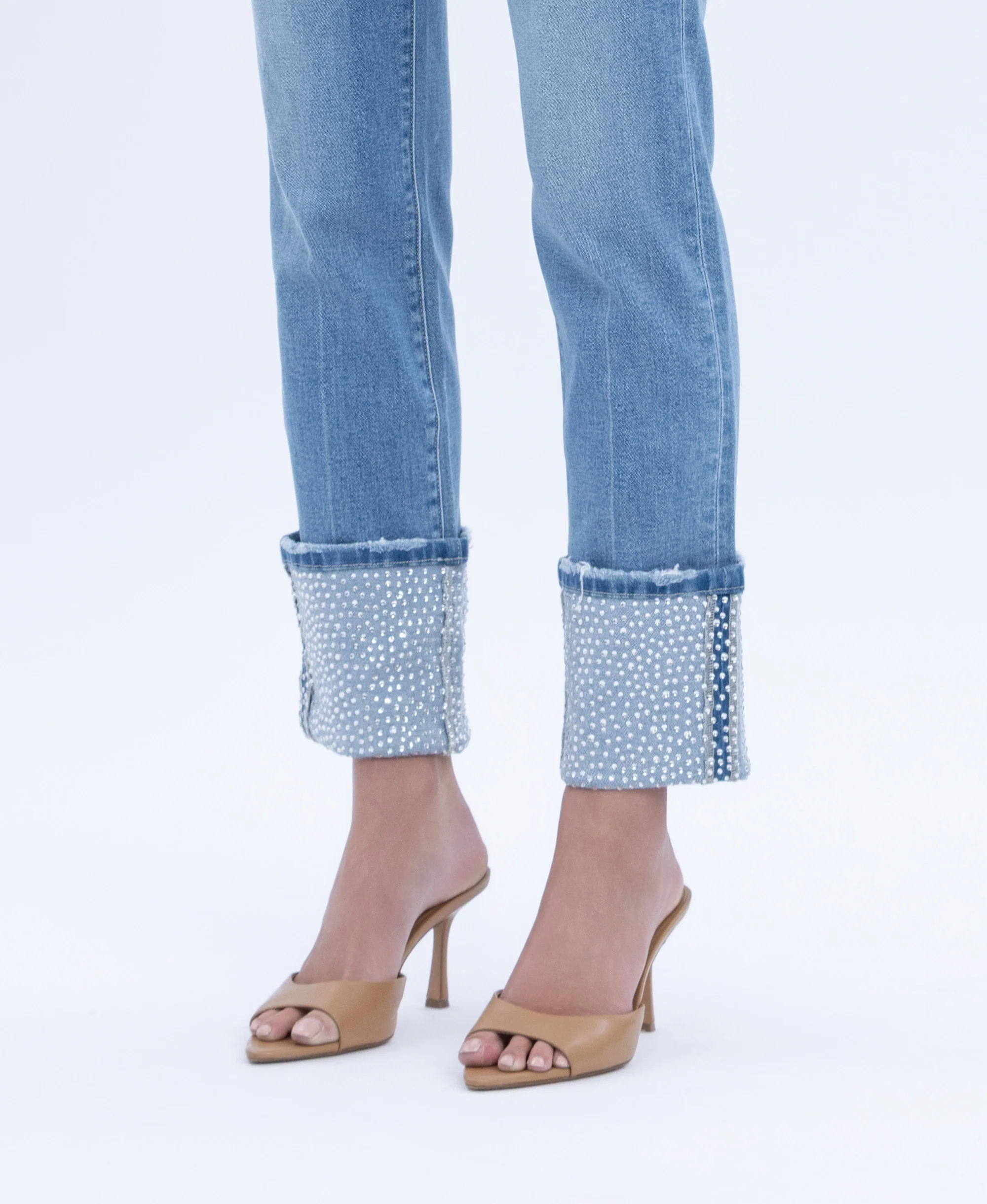 Elegant Serenity - High Rise Rhinestone Cuffed Slim Straight Jeans - Image 5