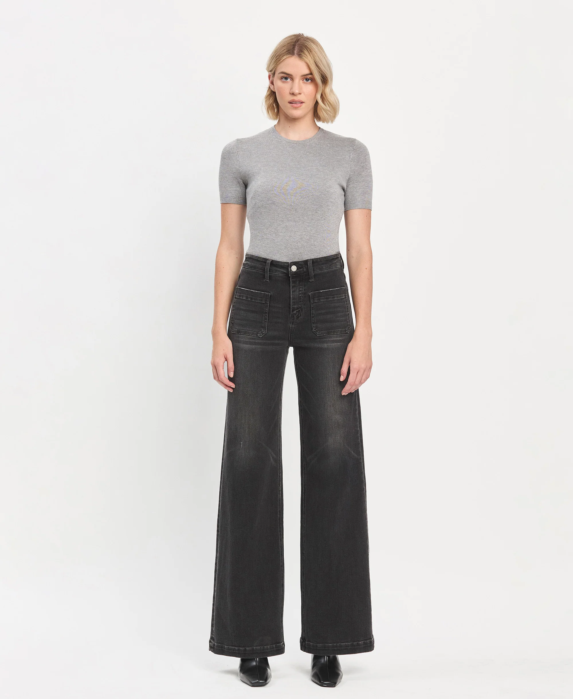 Engross - High Rise Patch Pocket Trouser Hem Wide Leg Jeans