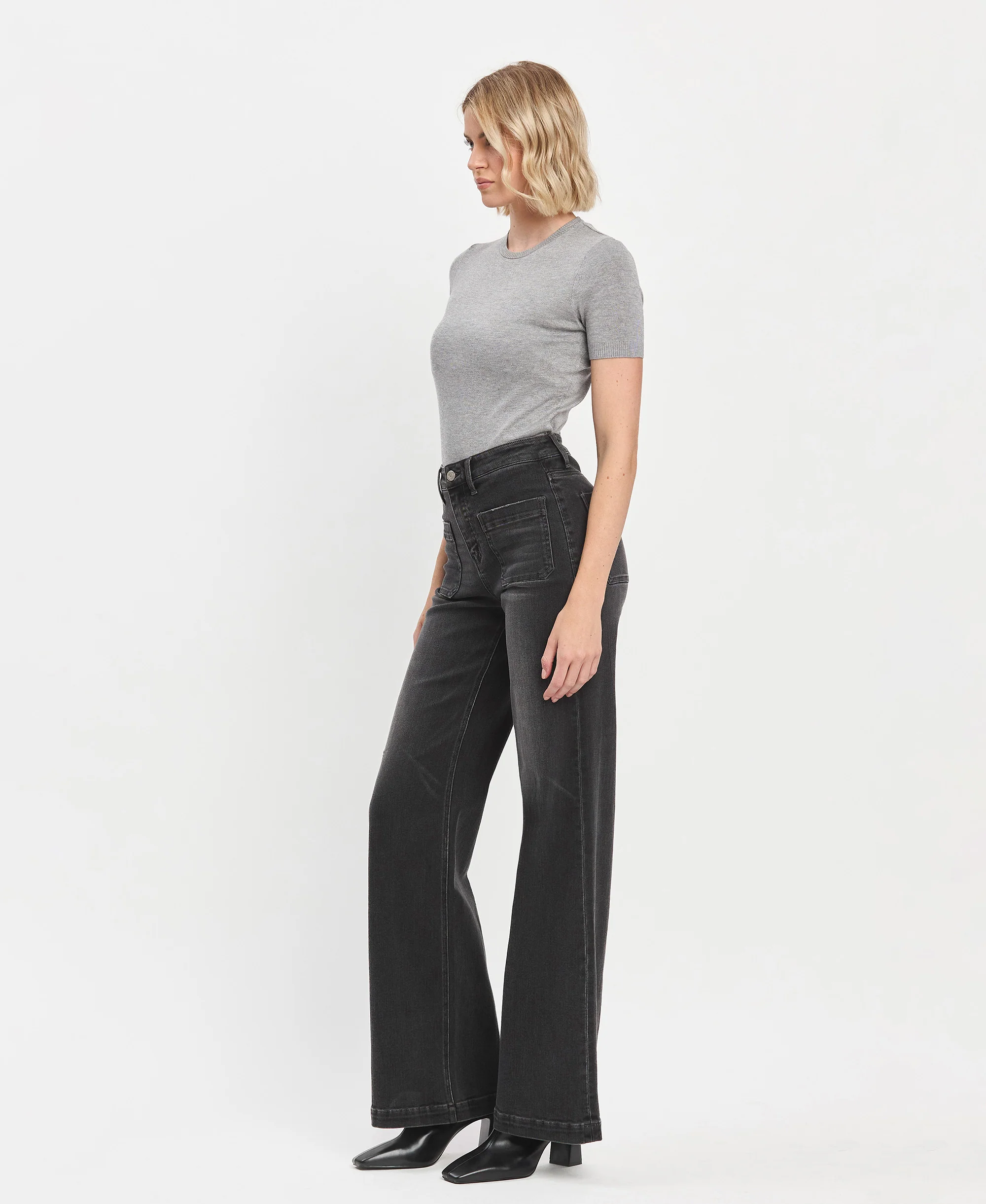 Engross - High Rise Patch Pocket Trouser Hem Wide Leg Jeans - Image 3