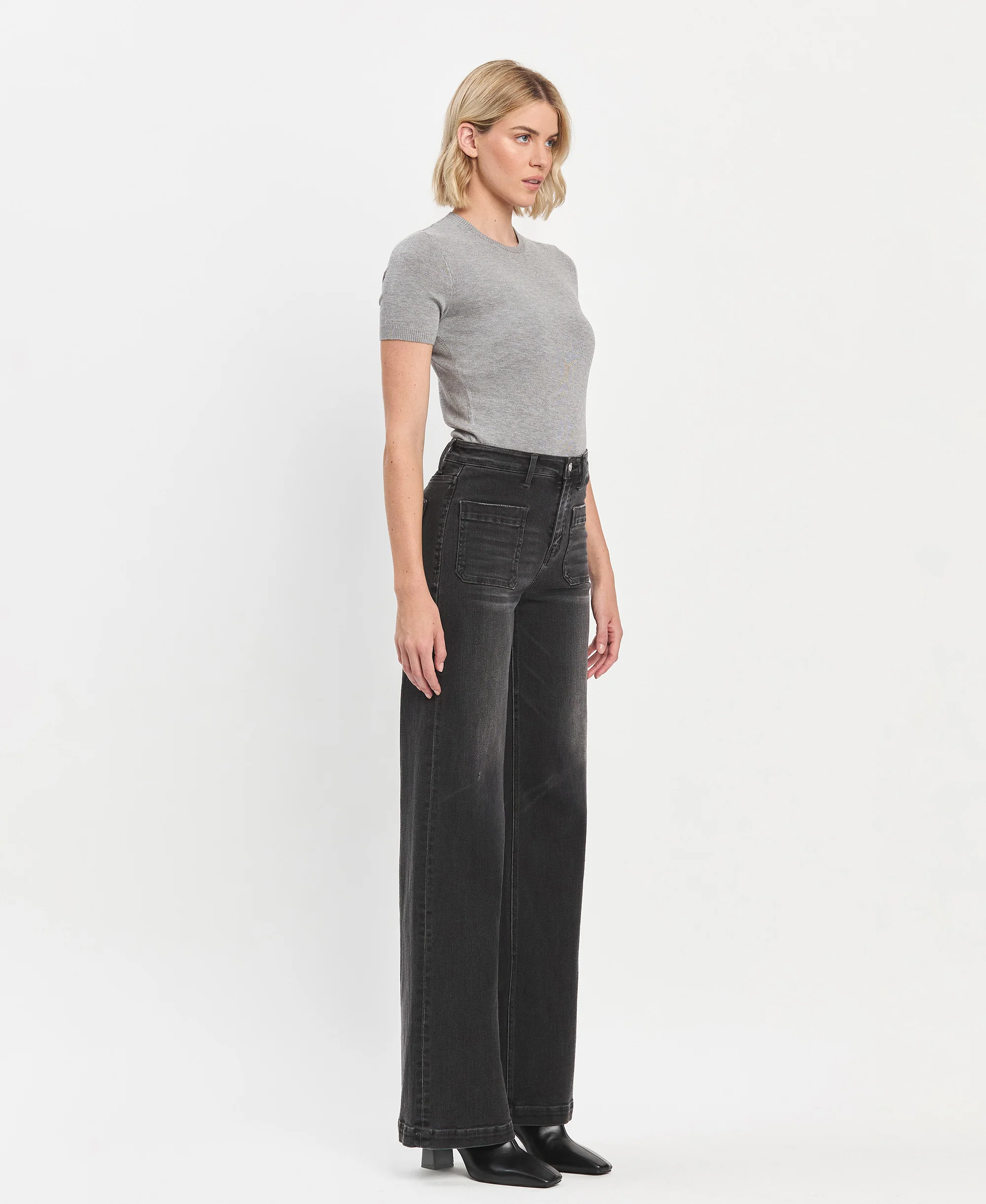 Engross - High Rise Patch Pocket Trouser Hem Wide Leg Jeans - Image 4
