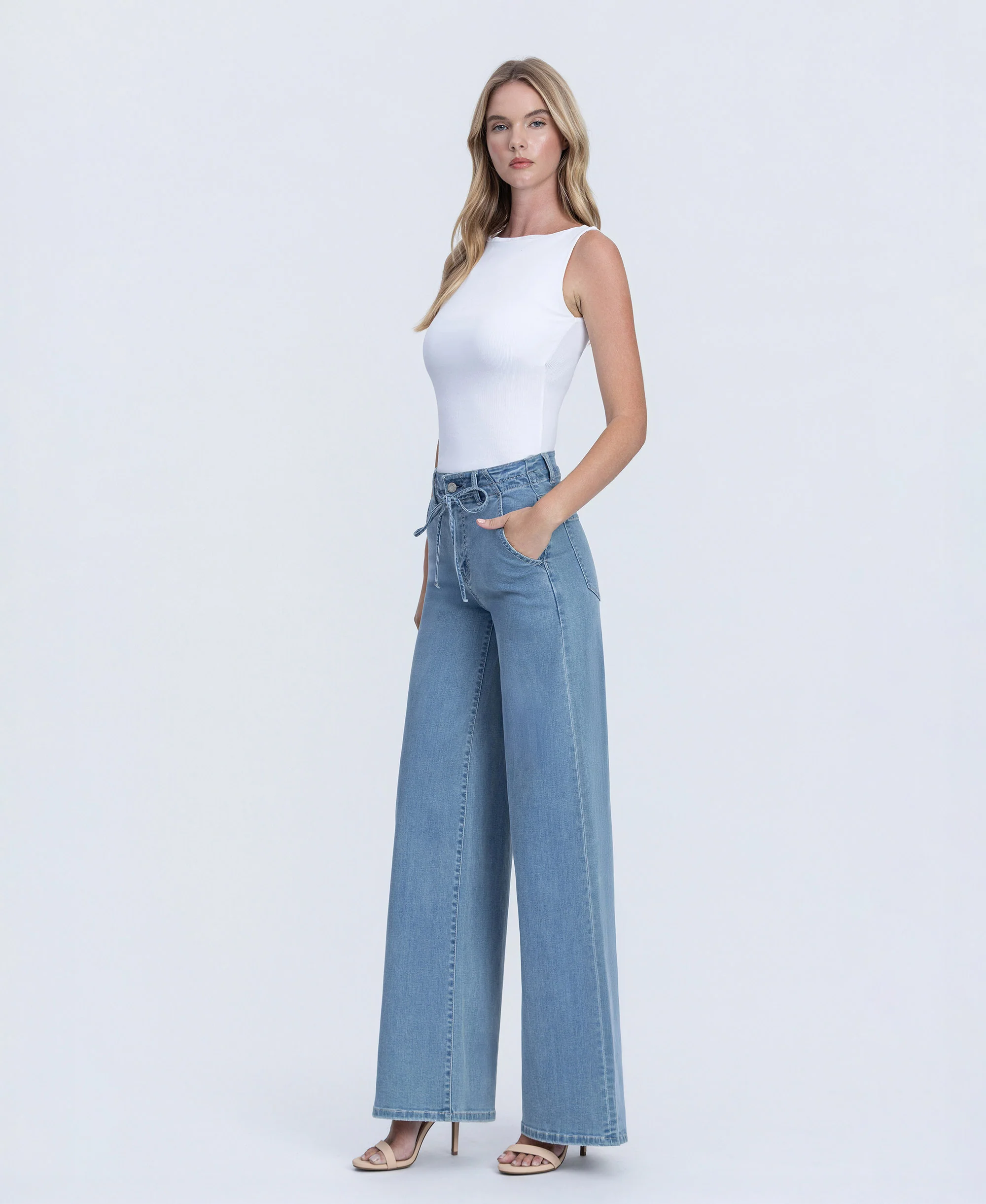 Ethereal Promise - High Rise Tie Waist Palazzo Jeans - Image 3