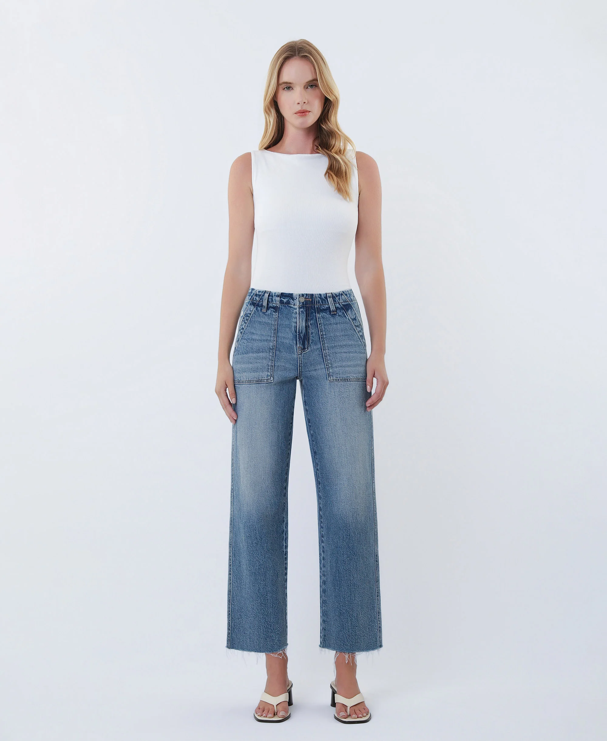 Fantasy - High Rise Patch Pocket Slim Wide Leg Jeans