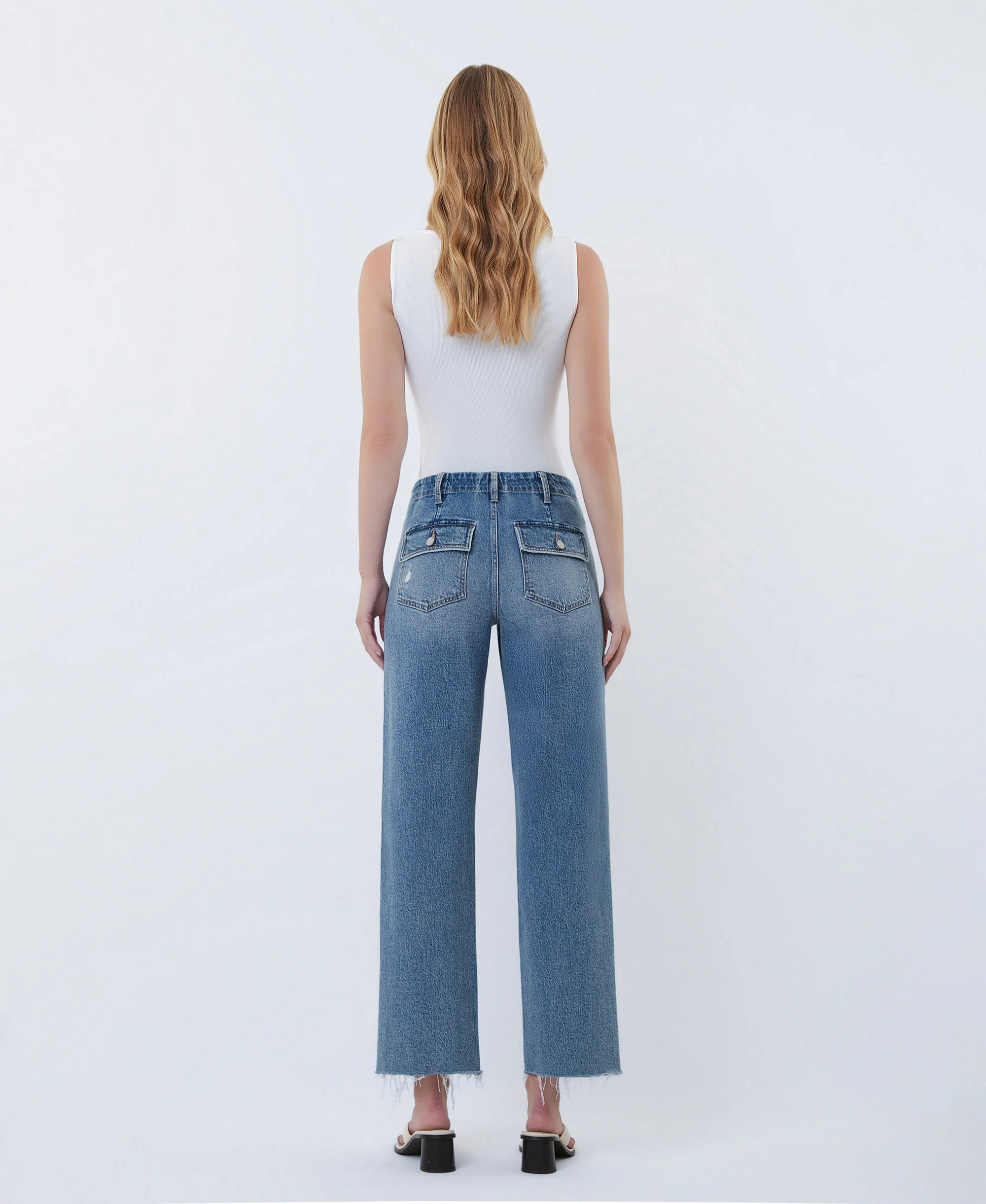 Fantasy - High Rise Patch Pocket Slim Wide Leg Jeans - Image 2