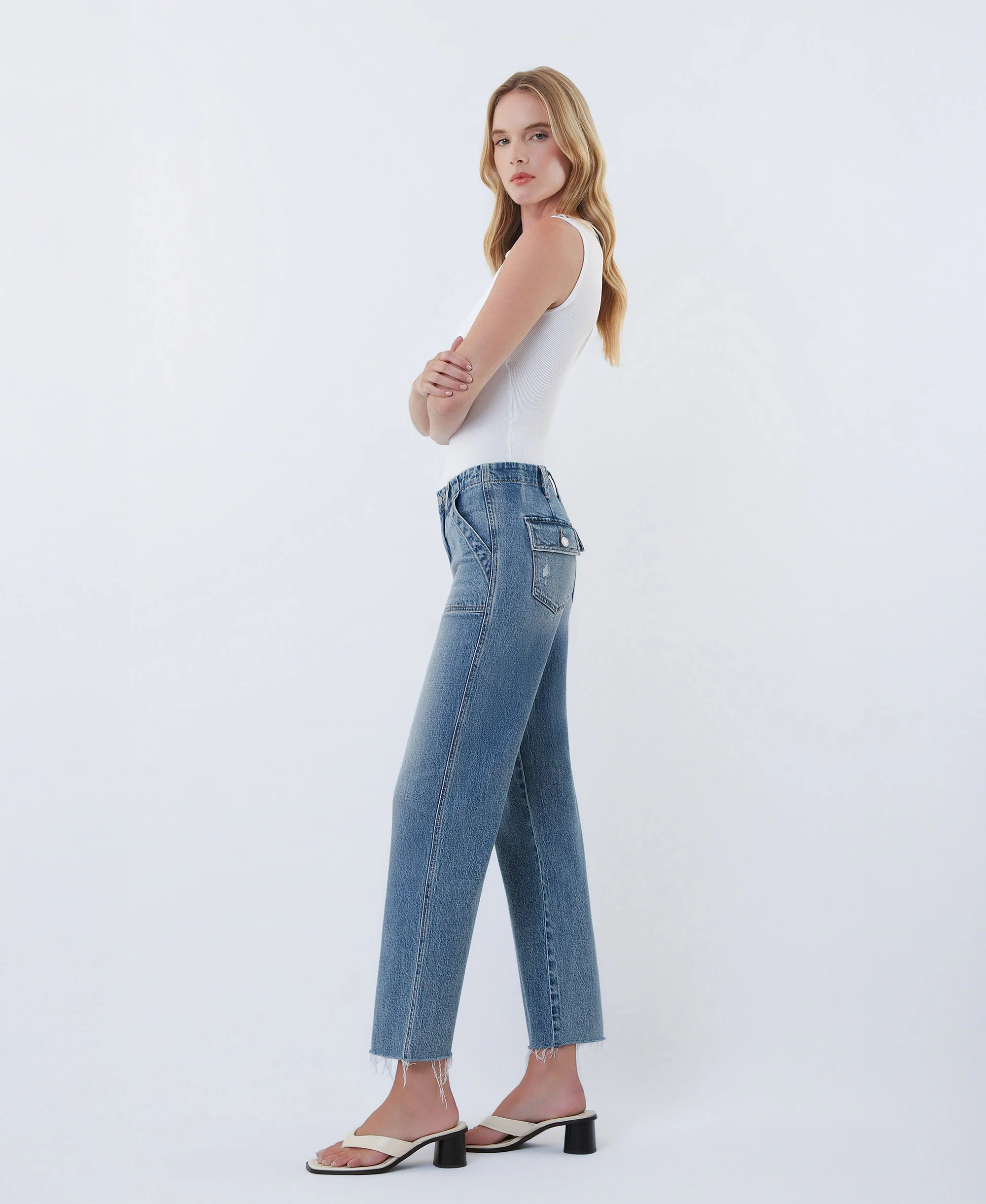 Fantasy - High Rise Patch Pocket Slim Wide Leg Jeans - Image 3
