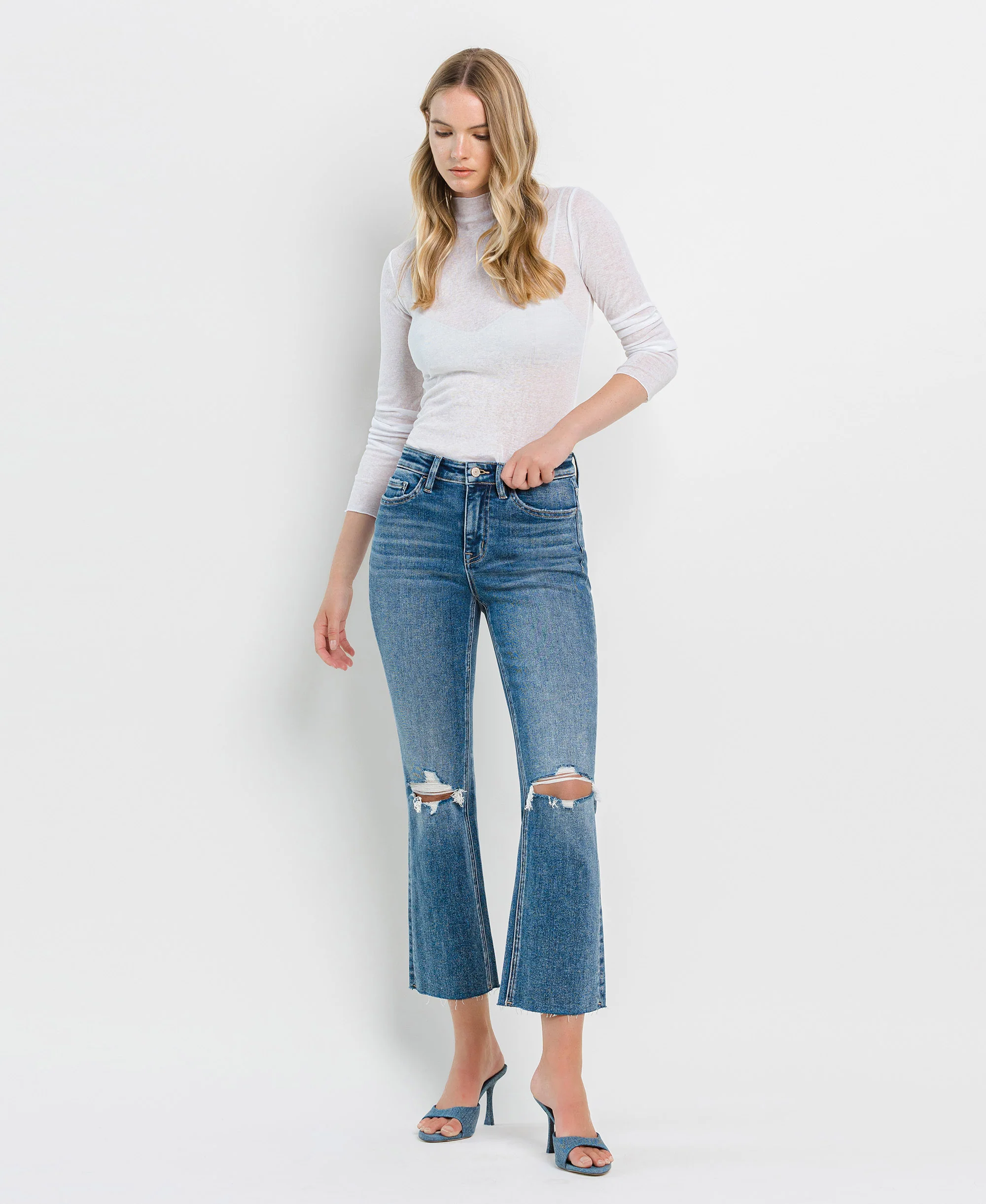 Feasibly - High Rise Clean Cut Hem Crop Flare Jeans