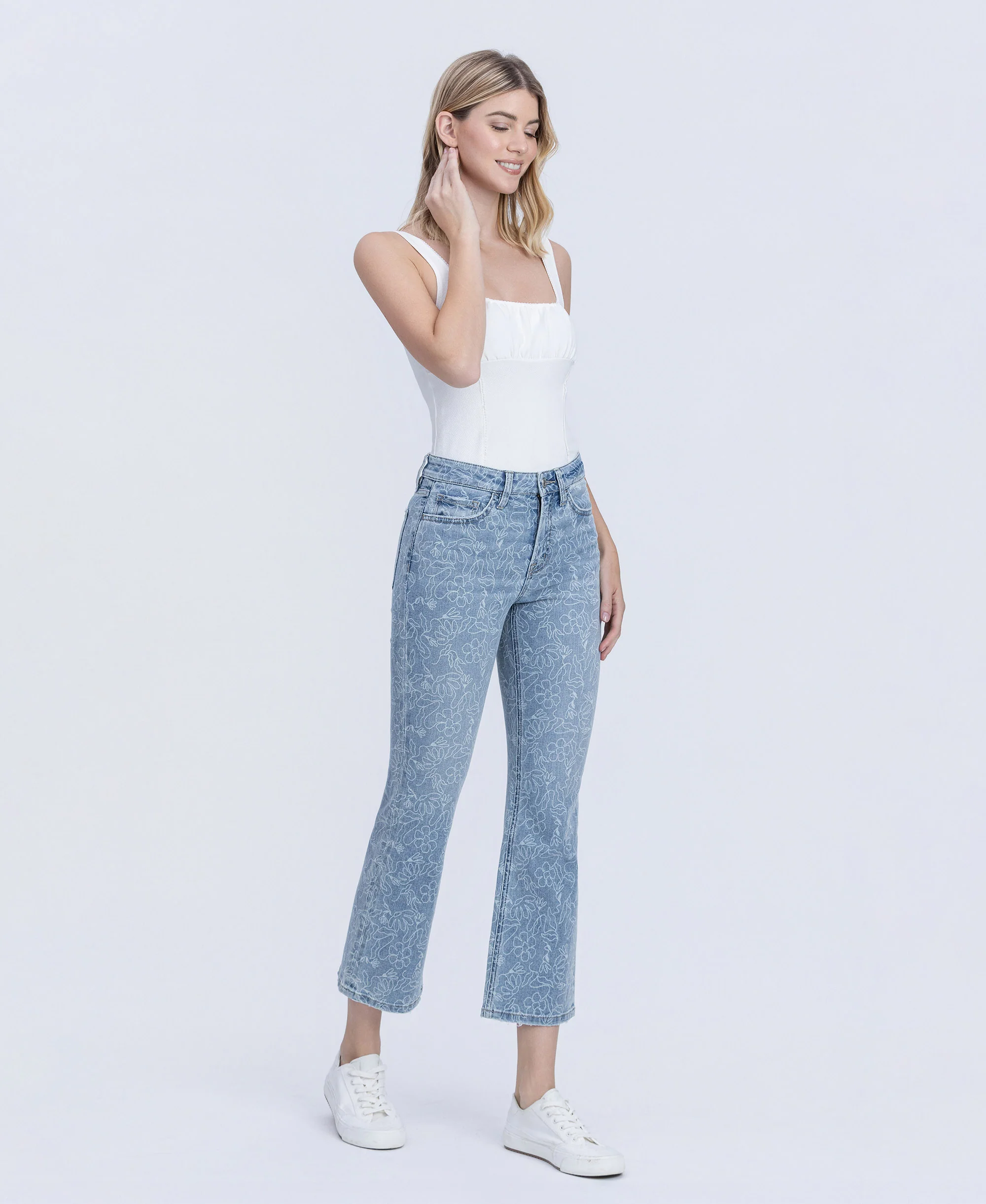 Floral Print - High Rise Crop Easy Flare Jeans - Image 4