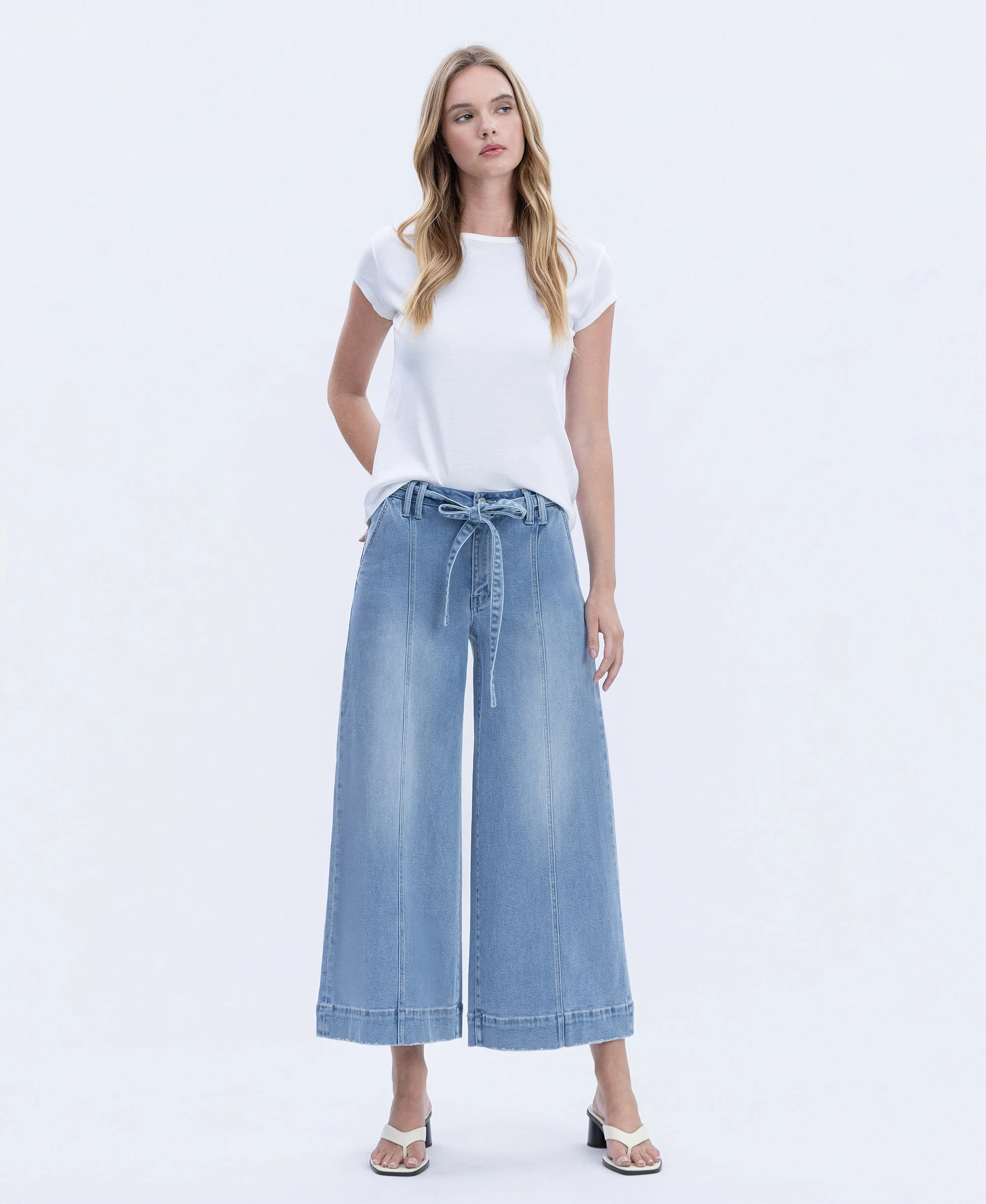 Fluster - High Rise Tie Waist Crop Palazzo Jeans