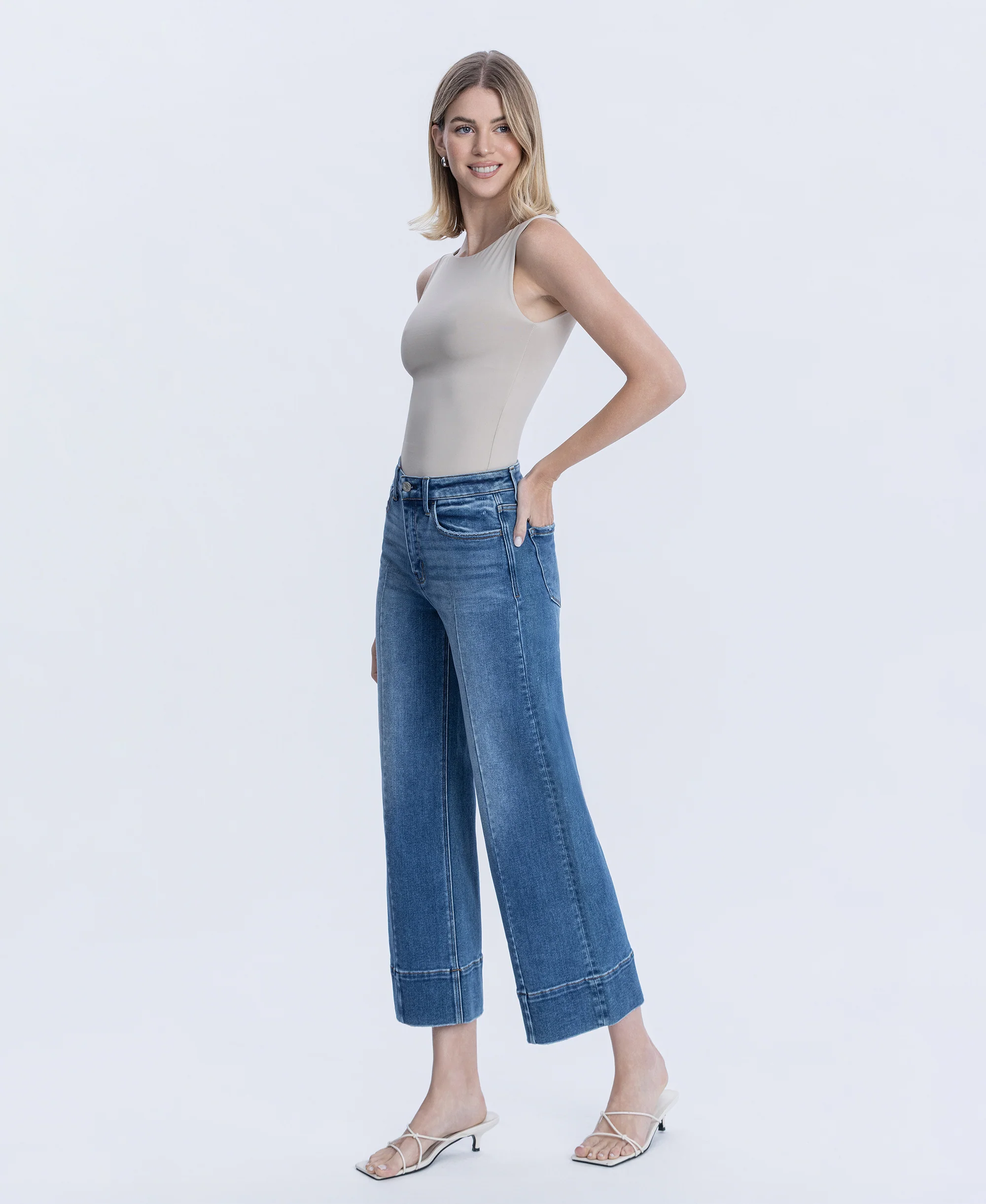 Golden Aura - High Rise Trouser Hem Pin Tuck Ankle Wide Leg Jeans - Image 3