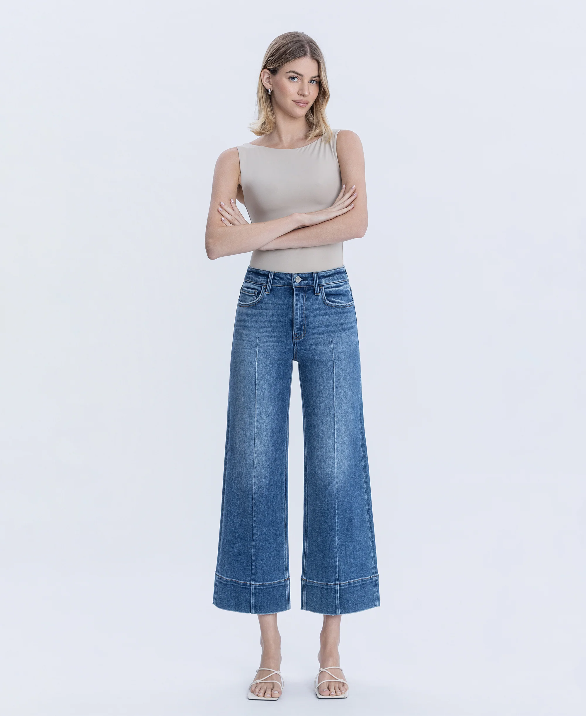 Golden Aura - High Rise Trouser Hem Pin Tuck Ankle Wide Leg Jeans - Image 4