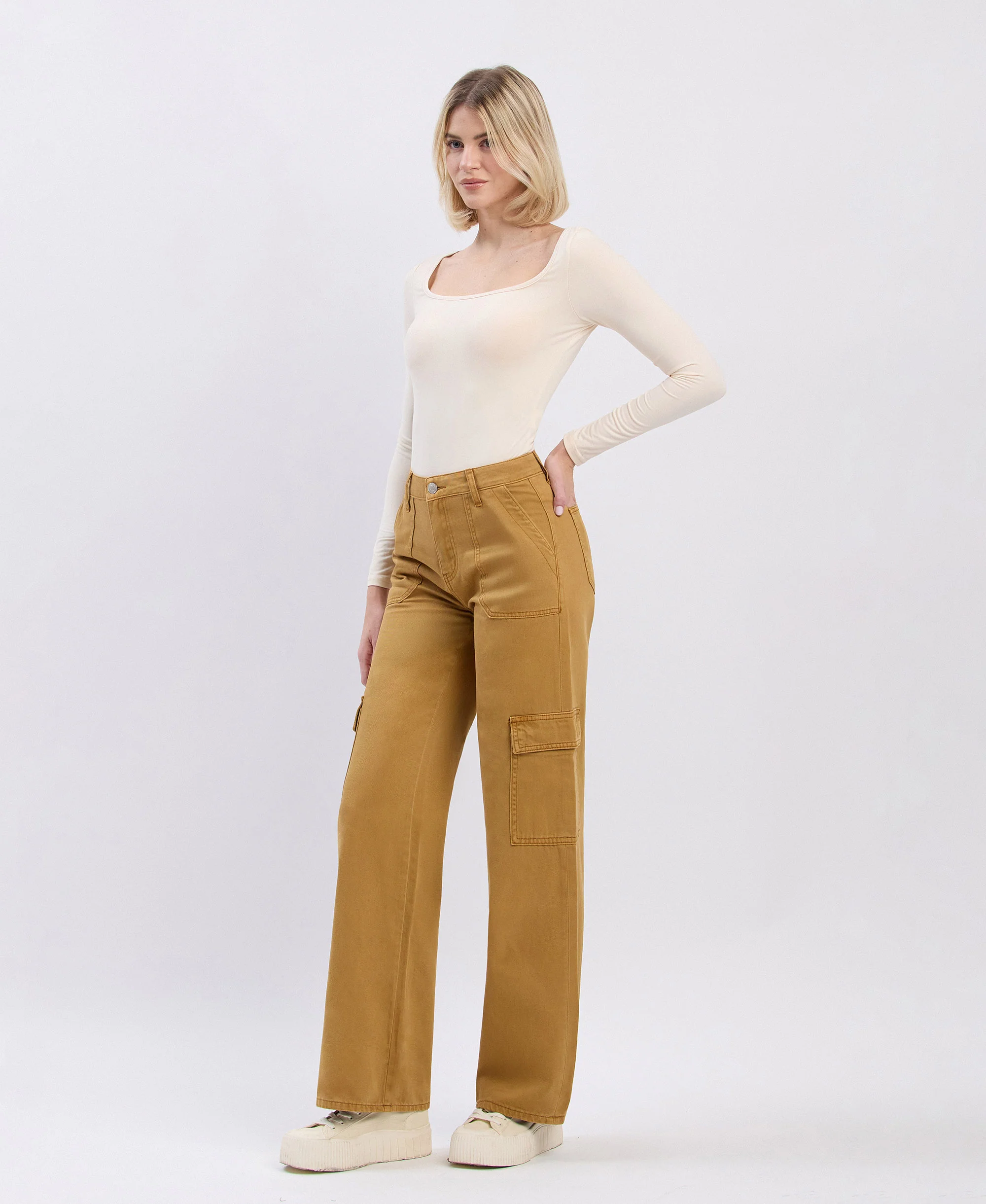 Golden Brown - High Rise Utility Cargo Wide Leg Jeans - Image 3