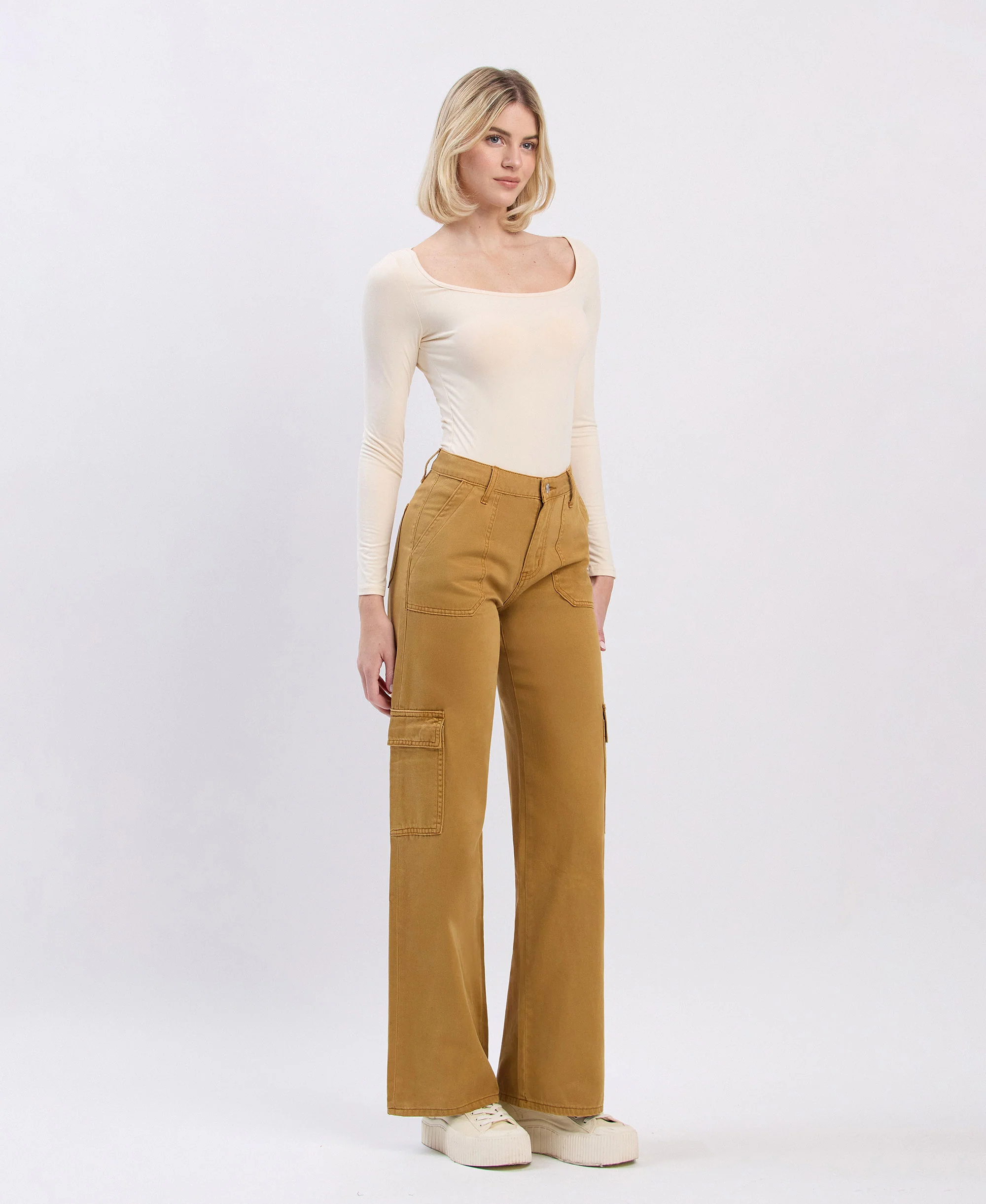 Golden Brown - High Rise Utility Cargo Wide Leg Jeans - Image 4